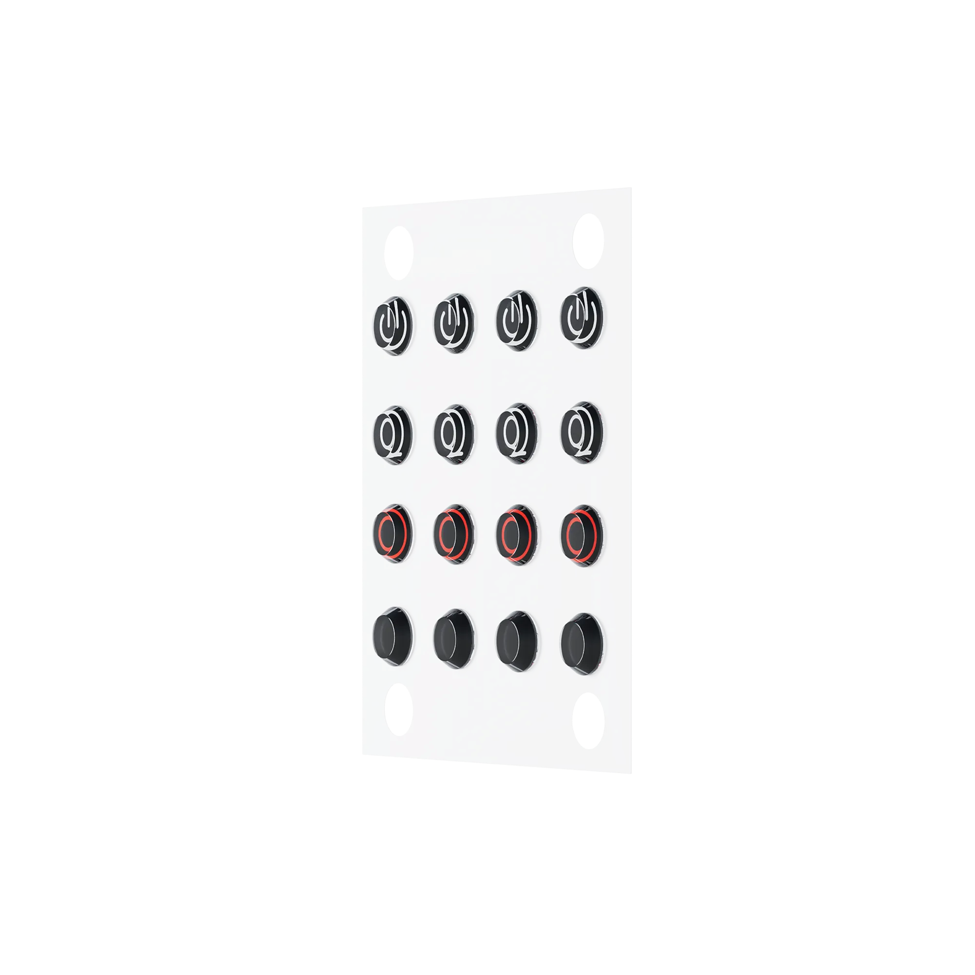 Ein rechteckiges Panel mit 16 Knöpfen. Die oberste Reihe hat Stromsymbole, die mittleren Q-Symbole und die unteren sind schwarz.