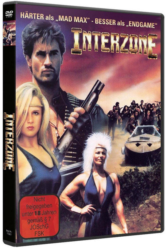 DVD-Cover für Interzone. Zeigt drei Personen im Vordergrund, mit einer Gruppe von Personen und einem Fahrzeug im Hintergrund.