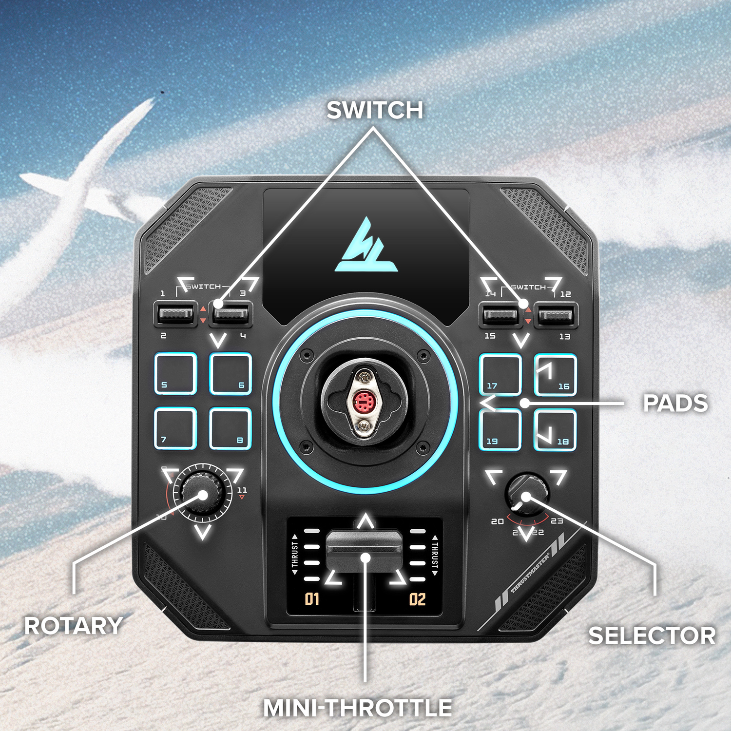 A black flight control panel with switches, pads, rotary dial, selector, and mini-throttle. An airplane is in the background.