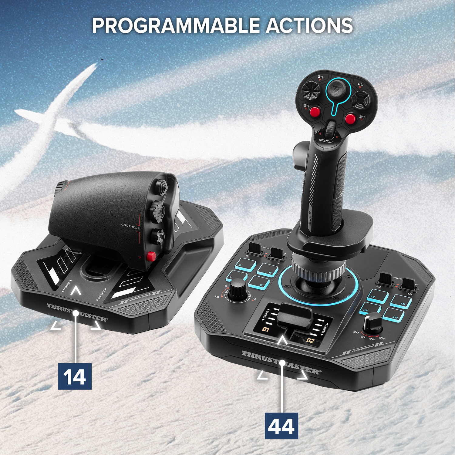Two black Thrustmaster flight control sticks, labeled 14 and 44, on a sky background. The left one has a control head.