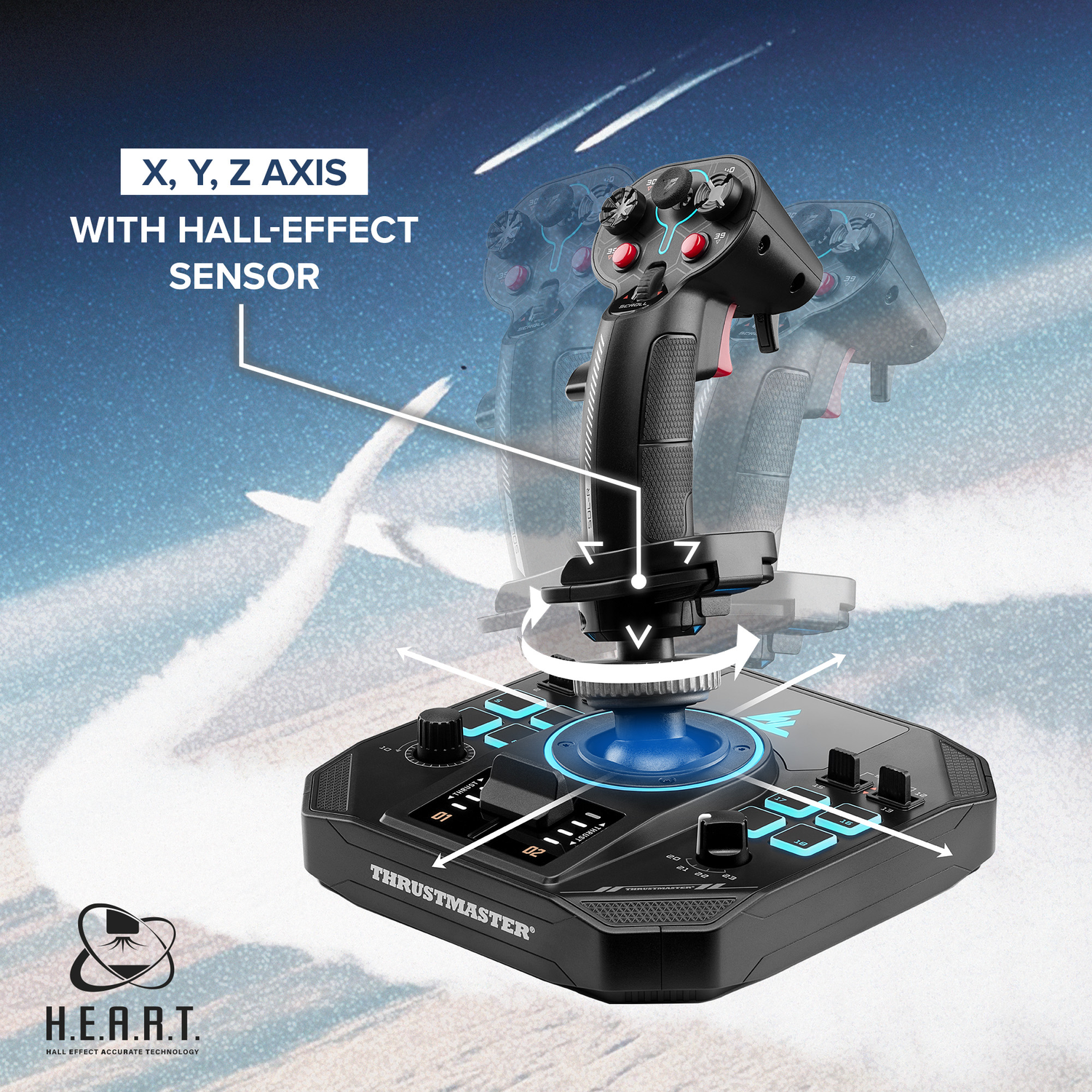 A black Thrustmaster joystick with red buttons and blue lights. The background shows a blurry image of the sky and some white lines.