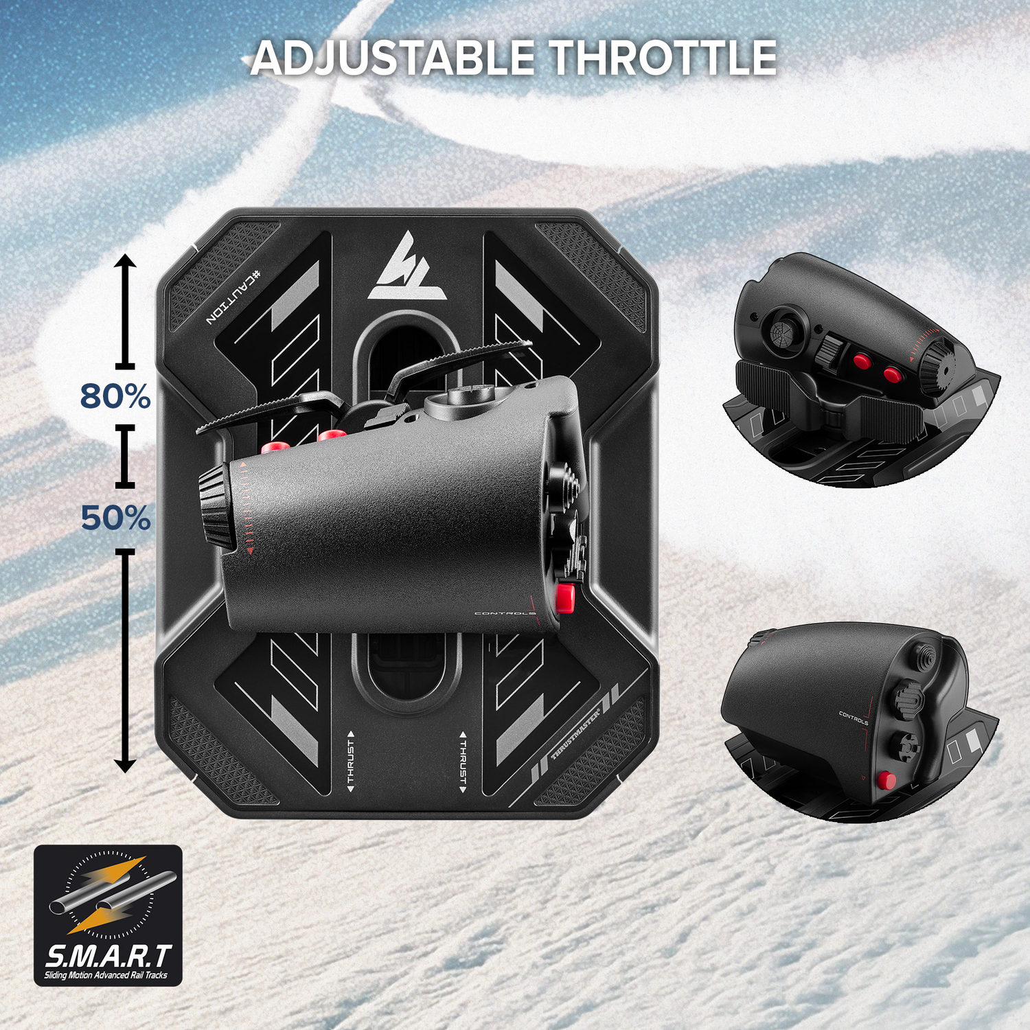 A black throttle with red buttons is on a black base. The text 'ADJUSTABLE THROTTLE' is at the top. The background is white.