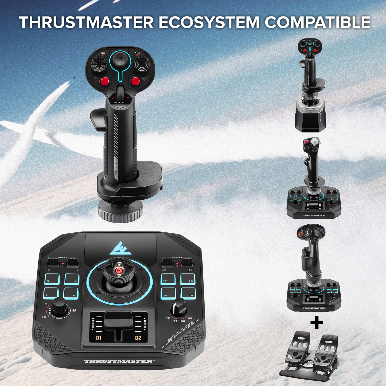 Image shows Thrustmaster flight sim equipment: joystick, throttle, and pedals. Text: Thrustmaster Ecosystem Compatible.