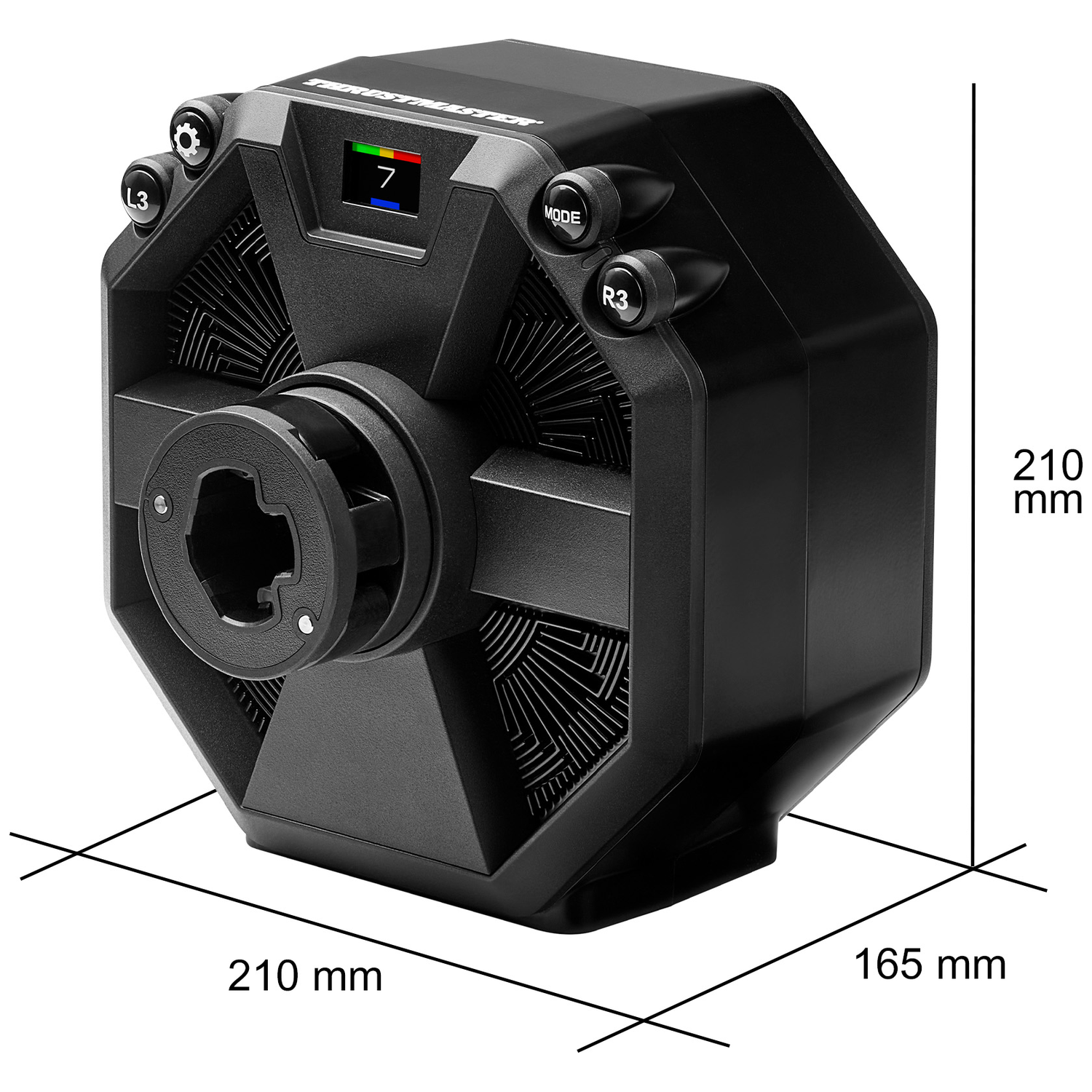 Black Thrustmaster steering wheel with buttons, screen showing '7', and dimensions labeled 210mm x 165mm x 210mm.