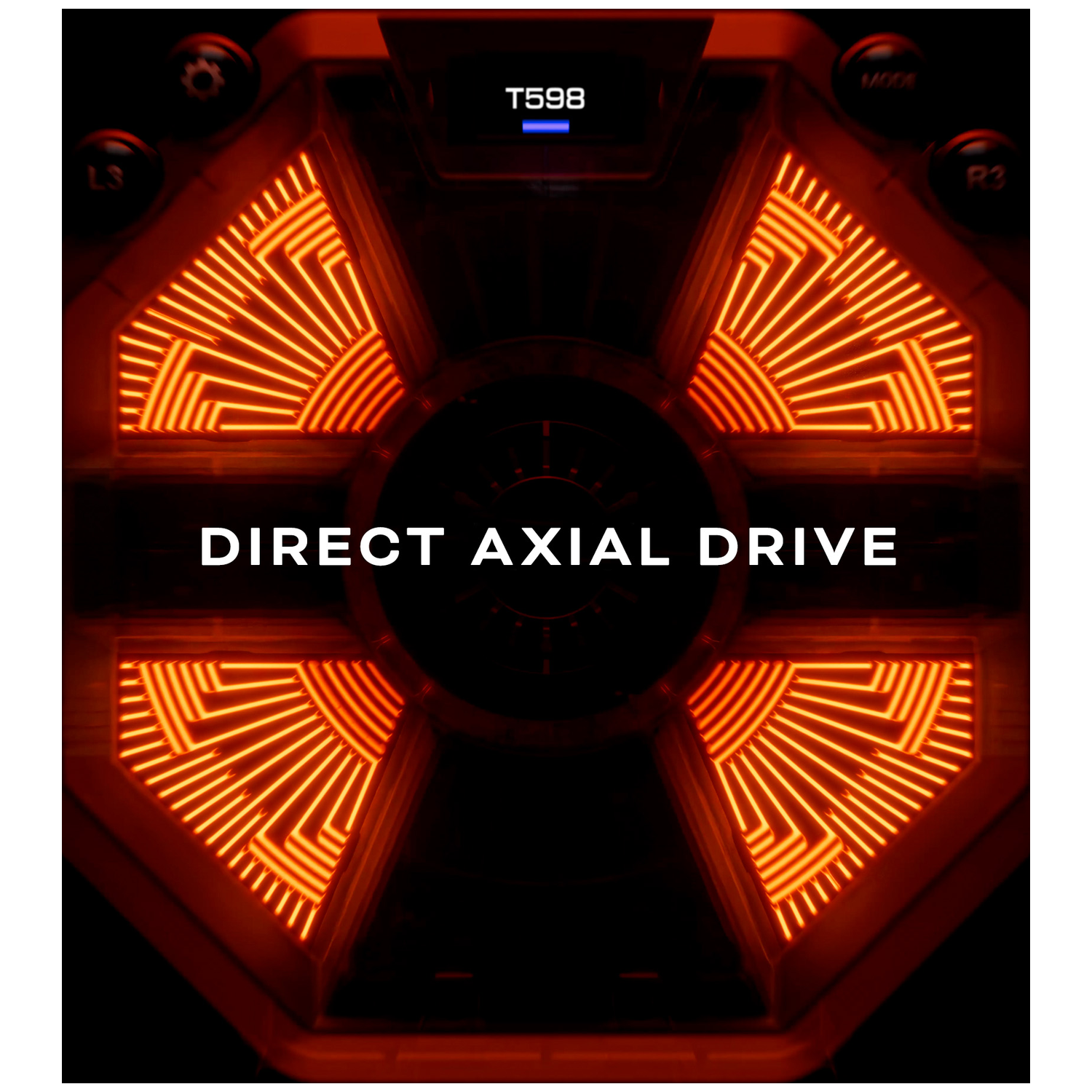 Hexagonal design with orange glowing lines. Text reads 'DIRECT AXIAL DRIVE'. A screen displays 'T598'.