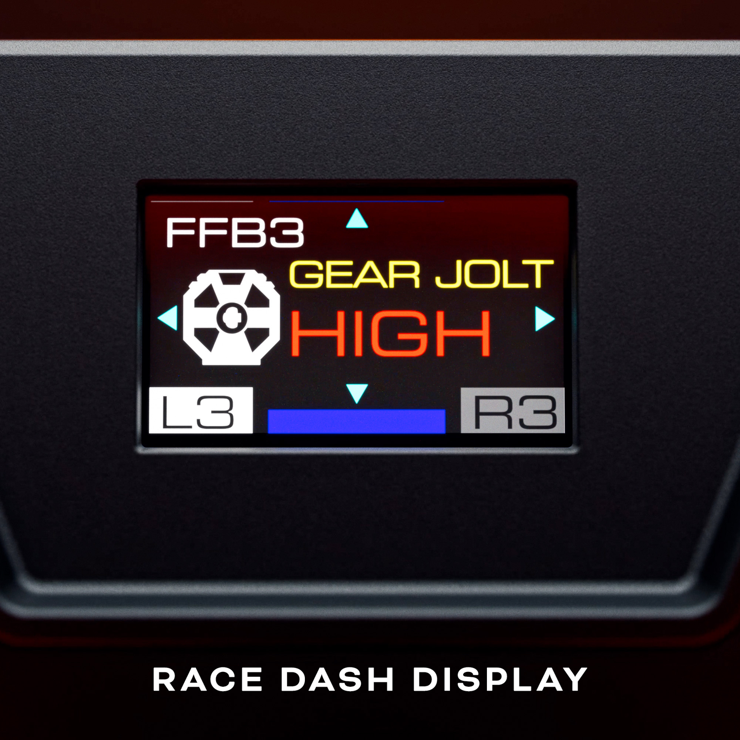 A race dash display showing FFB3, gear jolt, and high. Indicators for L3 and R3 are present. The background is black.