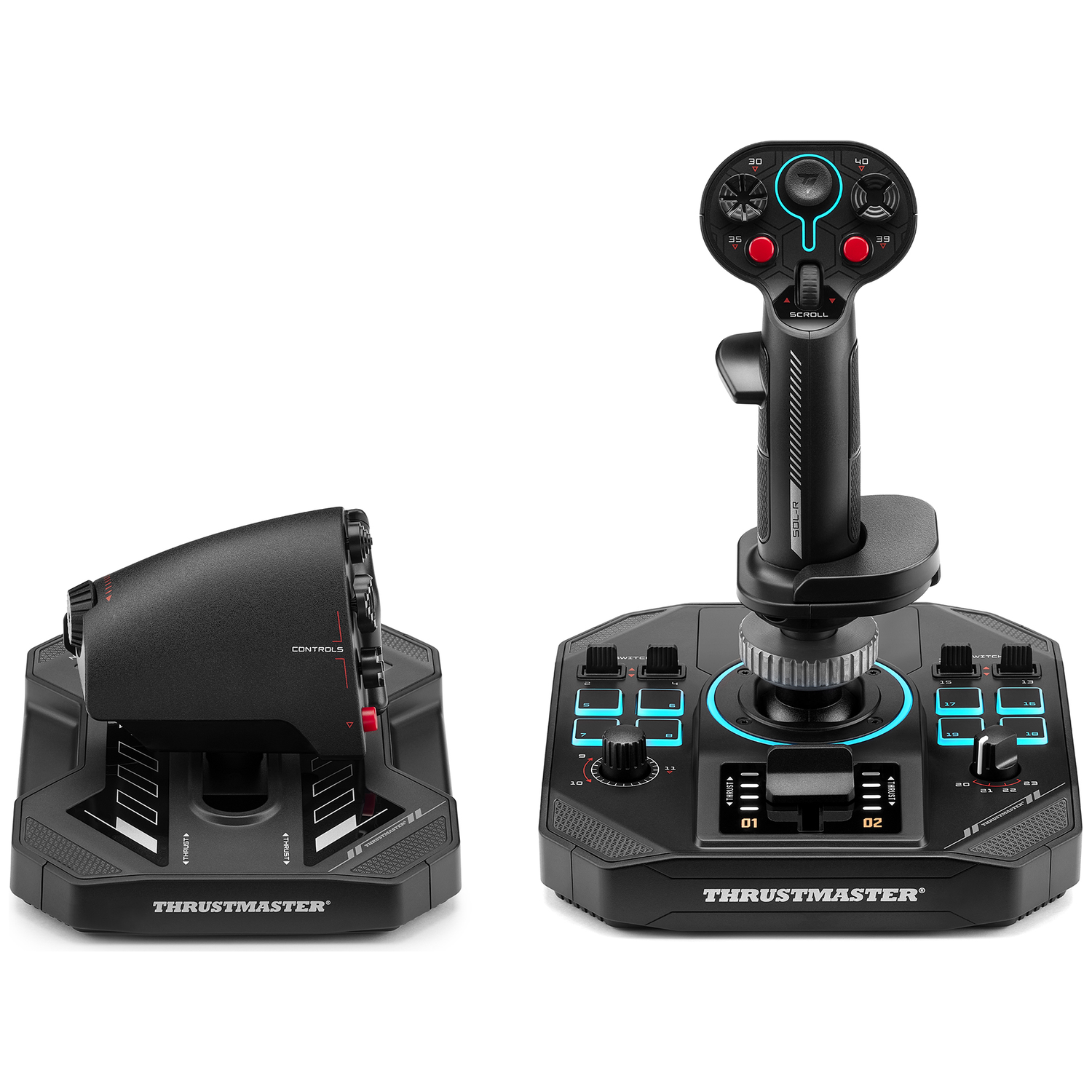 Two black Thrustmaster flight control devices are on a white background. One has a joystick, the other has throttle controls.