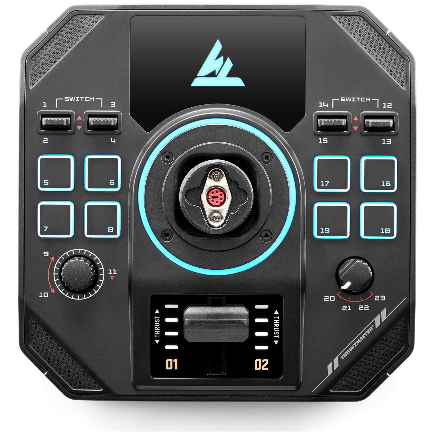 Black controller with buttons, switches, and a central dial.  Features a blue light ring and the Thrustmaster logo.