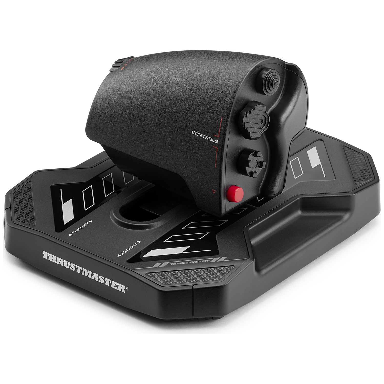 A black Thrustmaster flight stick and base. It has buttons and controls on the stick. The base has Thrustmaster logo.