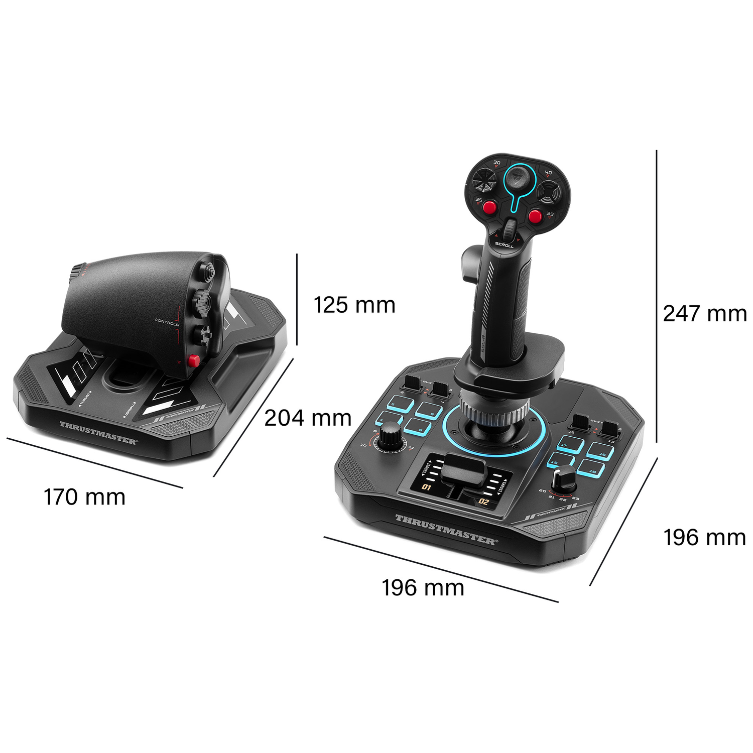 Image shows two black Thrustmaster flight control devices. Dimensions are labeled. One has a joystick, the other a throttle.