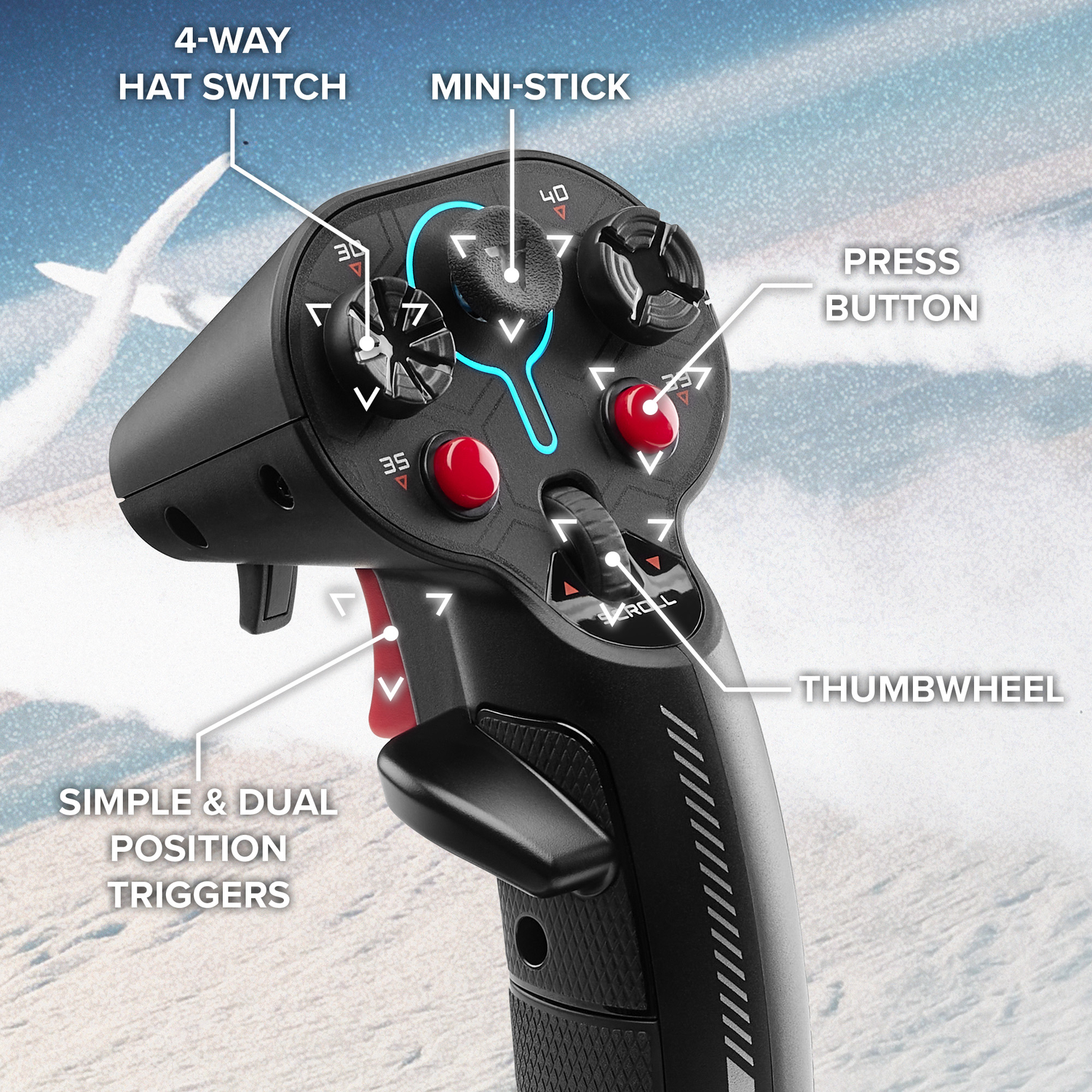 Black joystick with buttons, hat switch, mini-stick, and thumbwheel. Features simple and dual position triggers. Background is blurred.