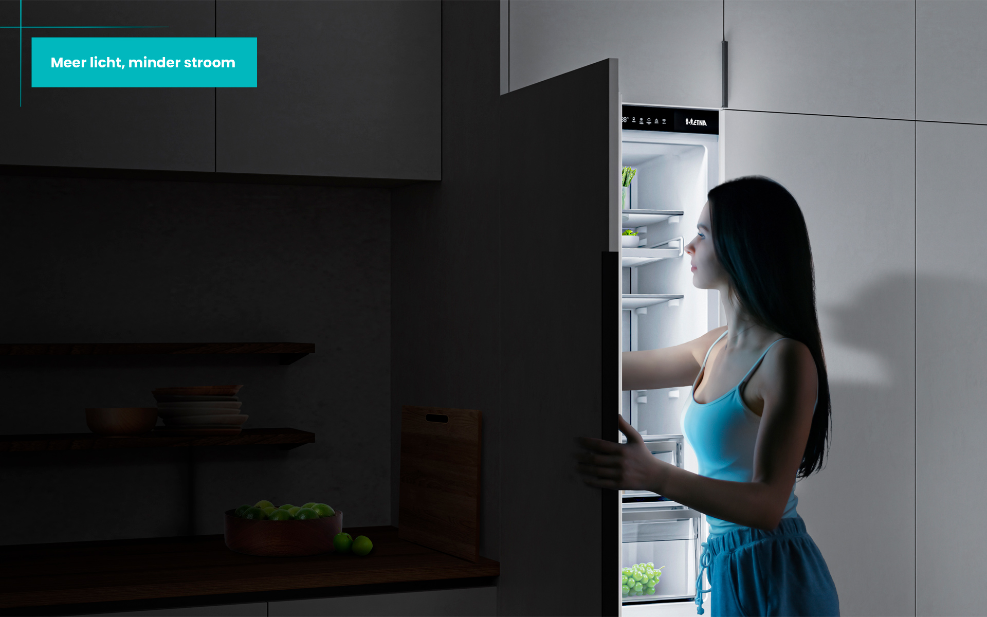 A woman opens a bright refrigerator. Limes and plates are on the counter. Text says 'More light, less power'.