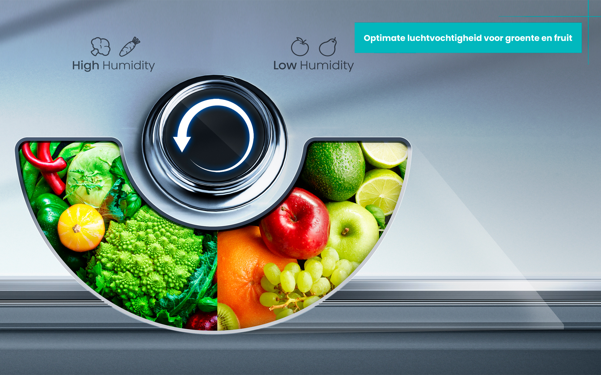 Image shows humidity control with fruits and vegetables. High humidity shows red peppers, low shows limes. Rotate to optimize.