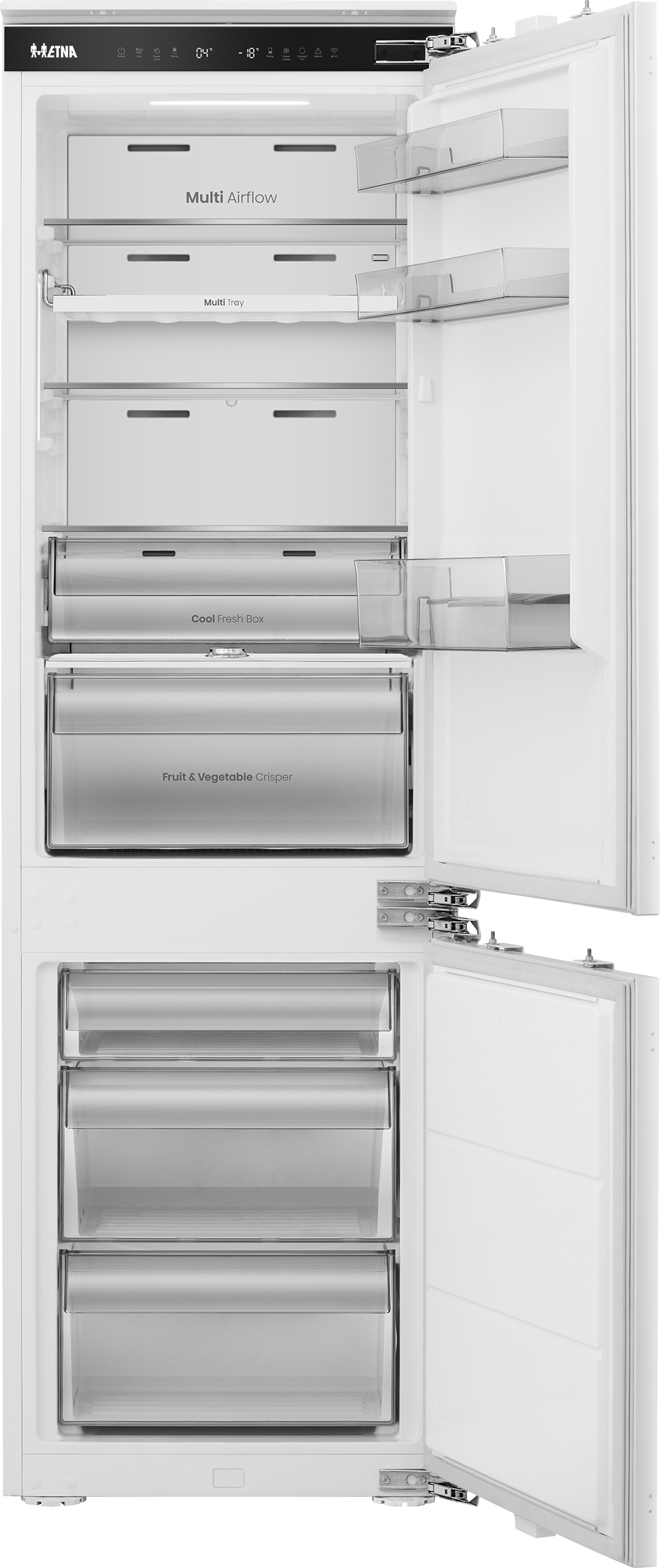 Open white refrigerator with internal compartments and drawers. One door is open. The brand name is at the top.