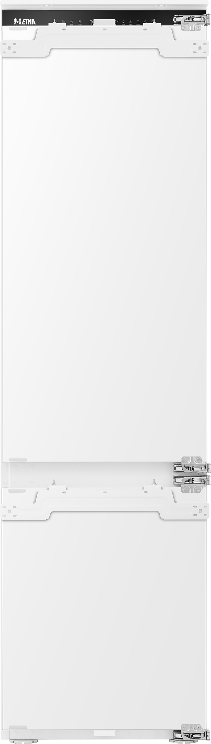 White built-in refrigerator with the ETNA logo at the top. It has a digital display and metal hinges.