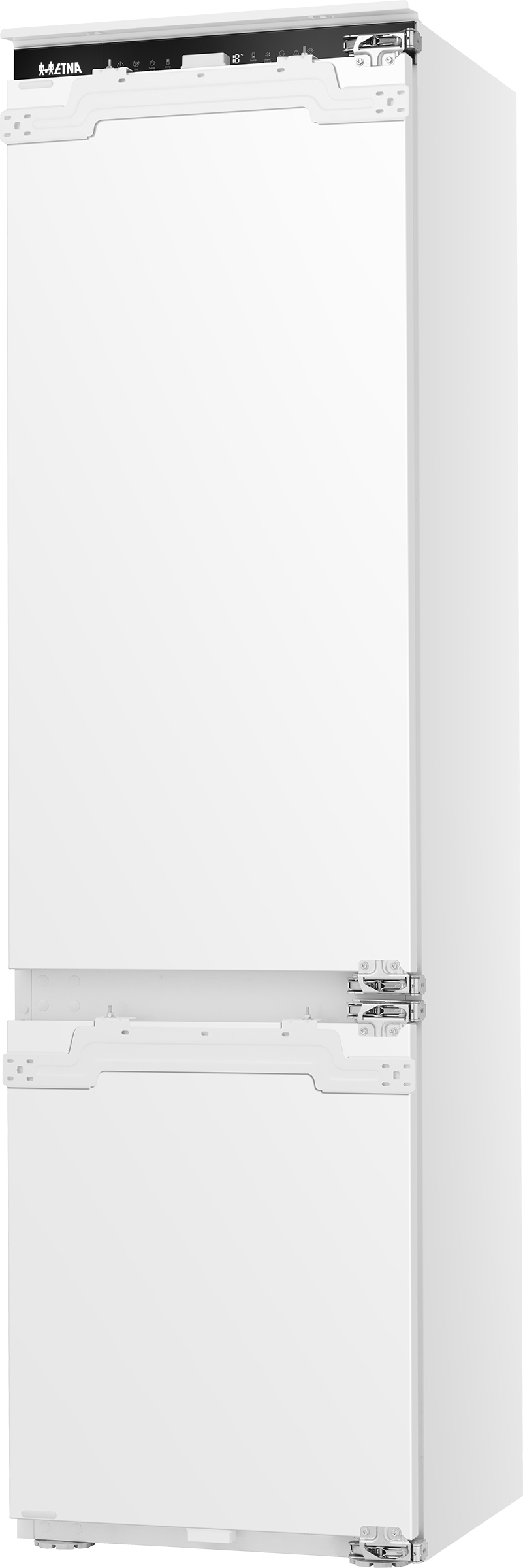 A white built-in refrigerator with two doors. The top has a digital display, the brand name is visible.