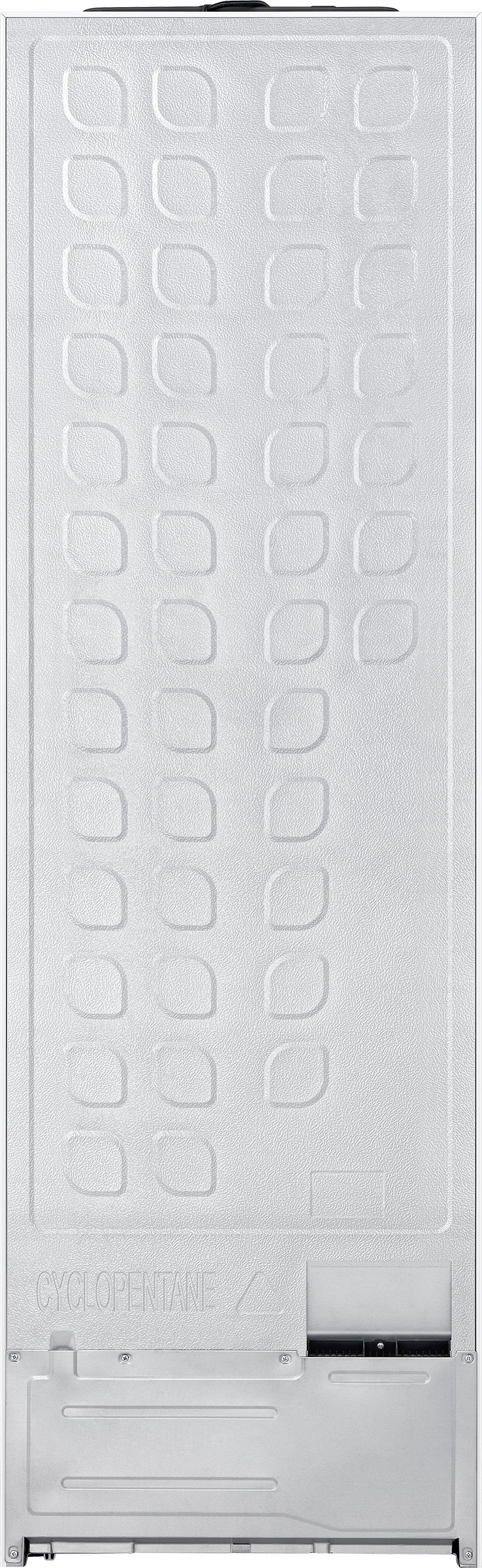 The back of a white refrigerator with a textured surface and rectangular indentations. A black section is at the bottom.