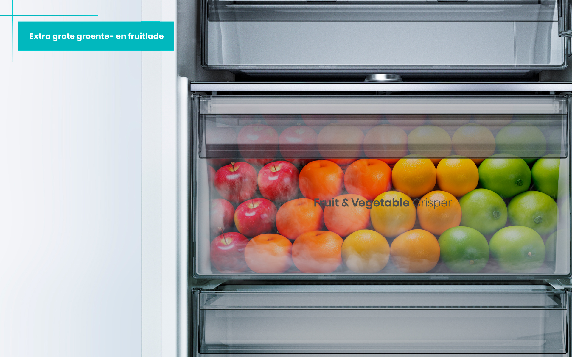 Een koellades vol fruit: appels, sinaasappels, citroenen en limoenen. De tekst 'Fruit & Vegetable Crisper' is zichtbaar.