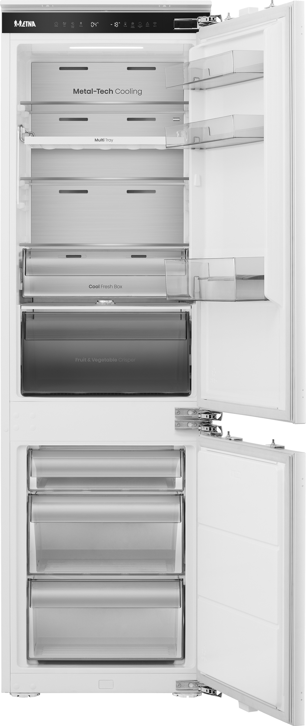 Open witte koelkast met interne compartimenten. Met Metal-Tech Cooling, Multi Tray, Cool Fresh Box en Fruit & Vegetable Crisper.