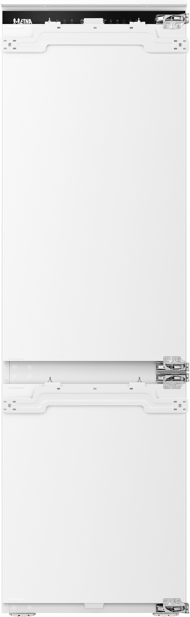 Een witte inbouwkoelkast met digitaal display en metalen scharnieren. De merknaam is bovenaan zichtbaar.