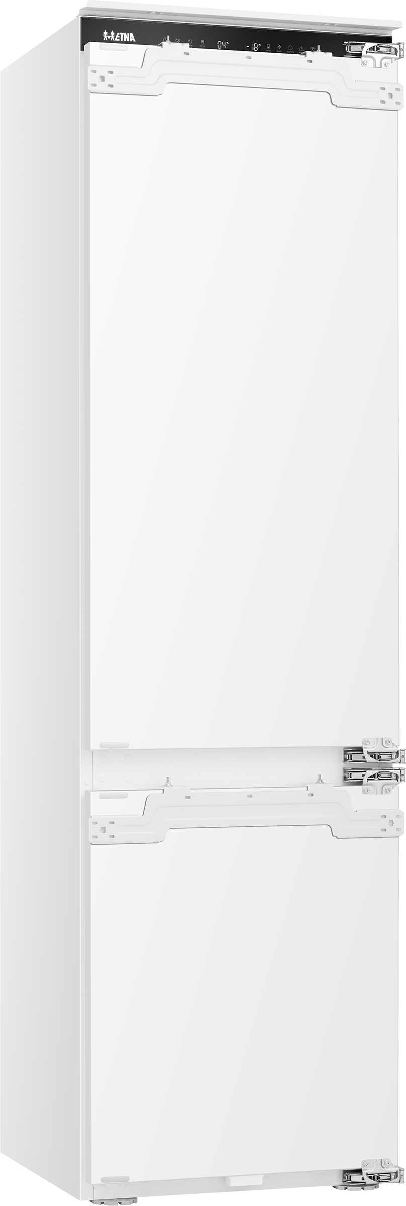 Een witte inbouwkoelkast met een bovenpaneel met temperatuurmetingen. Deuren zijn gesloten.