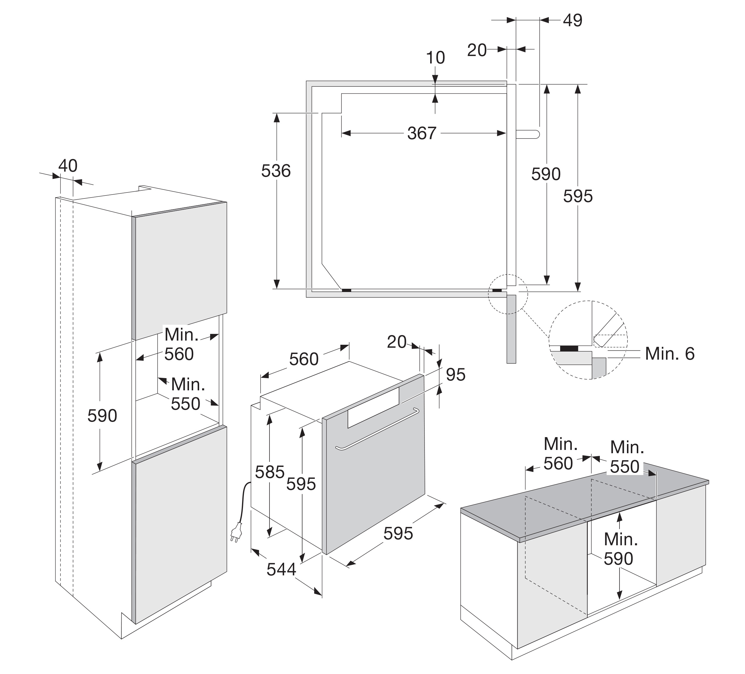Technical drawing of kitchen appliances with dimensions in millimeters, including cabinets and a dishwasher.