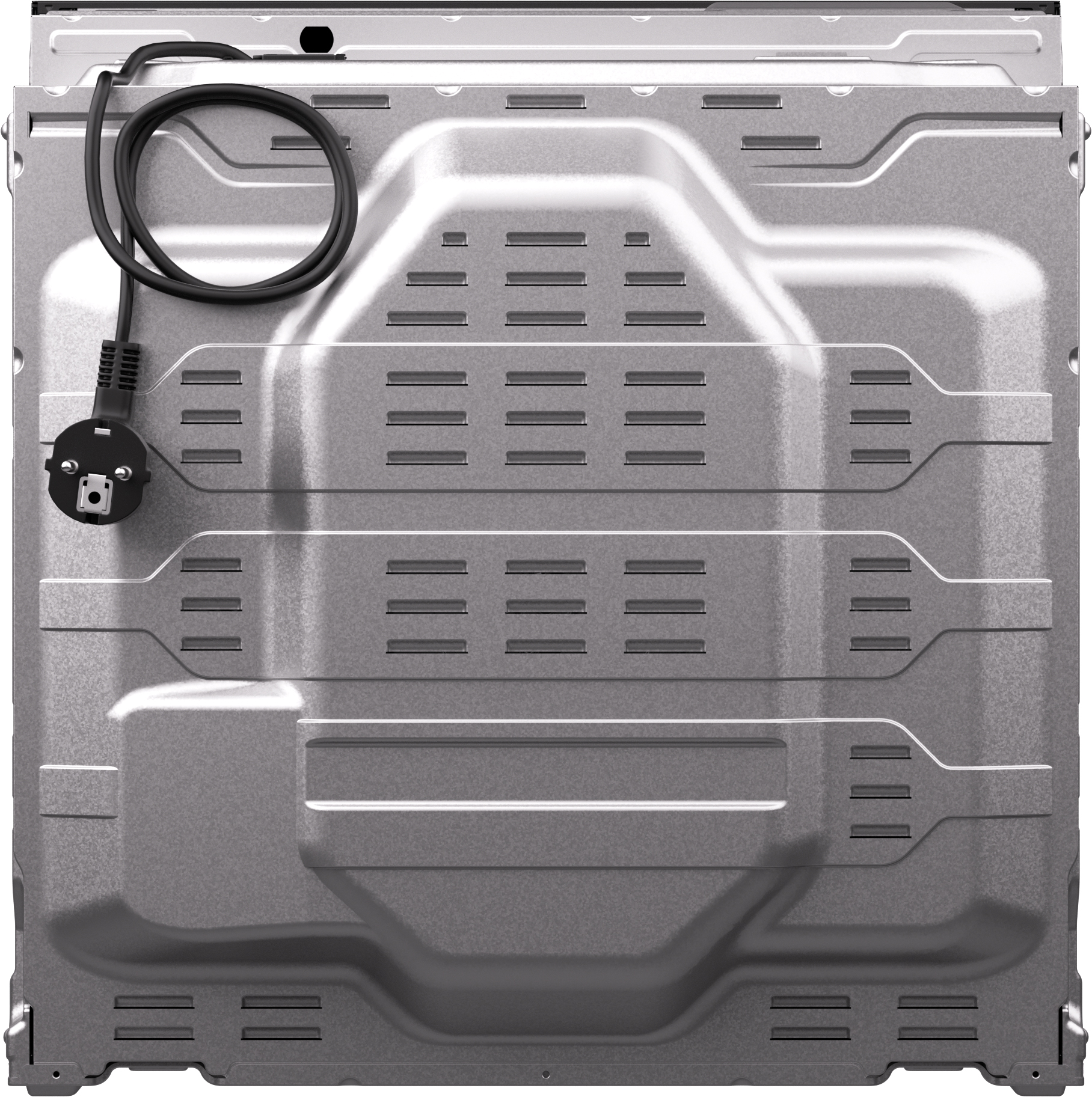 The back of a silver oven with a black power cord and plug. It has ventilation slots.