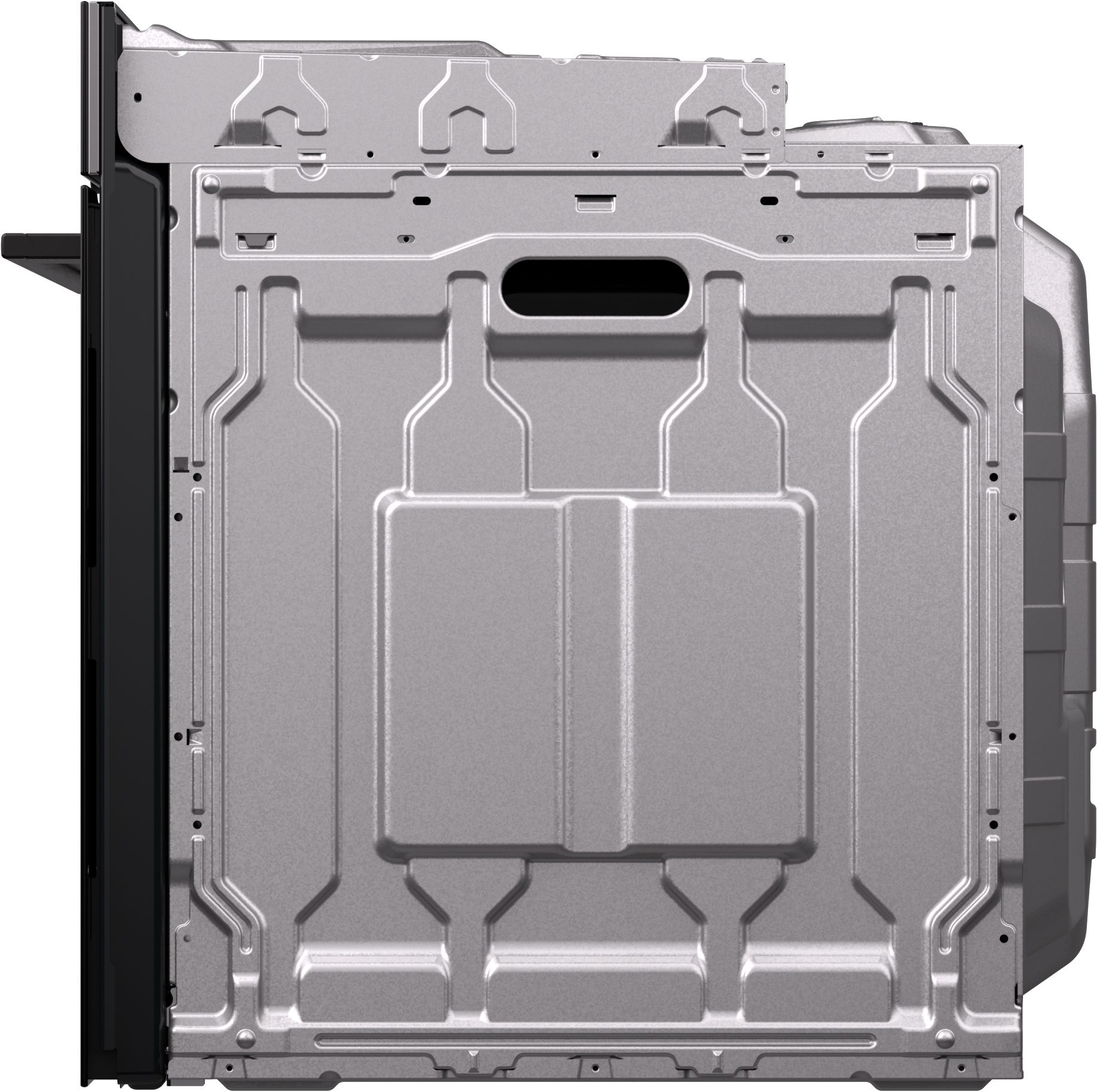Side view of a metallic oven. It has a black front and a detailed, textured metal back with a large opening.