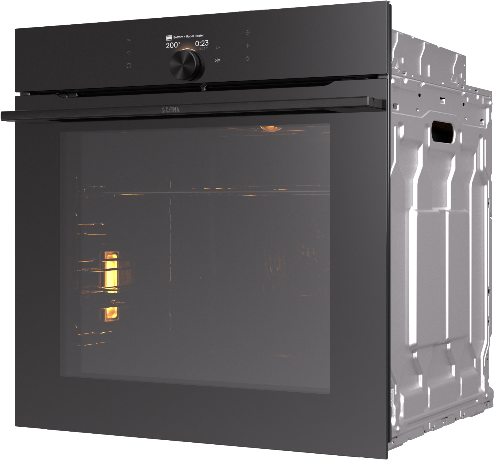 A black oven with a glass door. The interior is lit. Top has controls and display. The oven is on a white background.