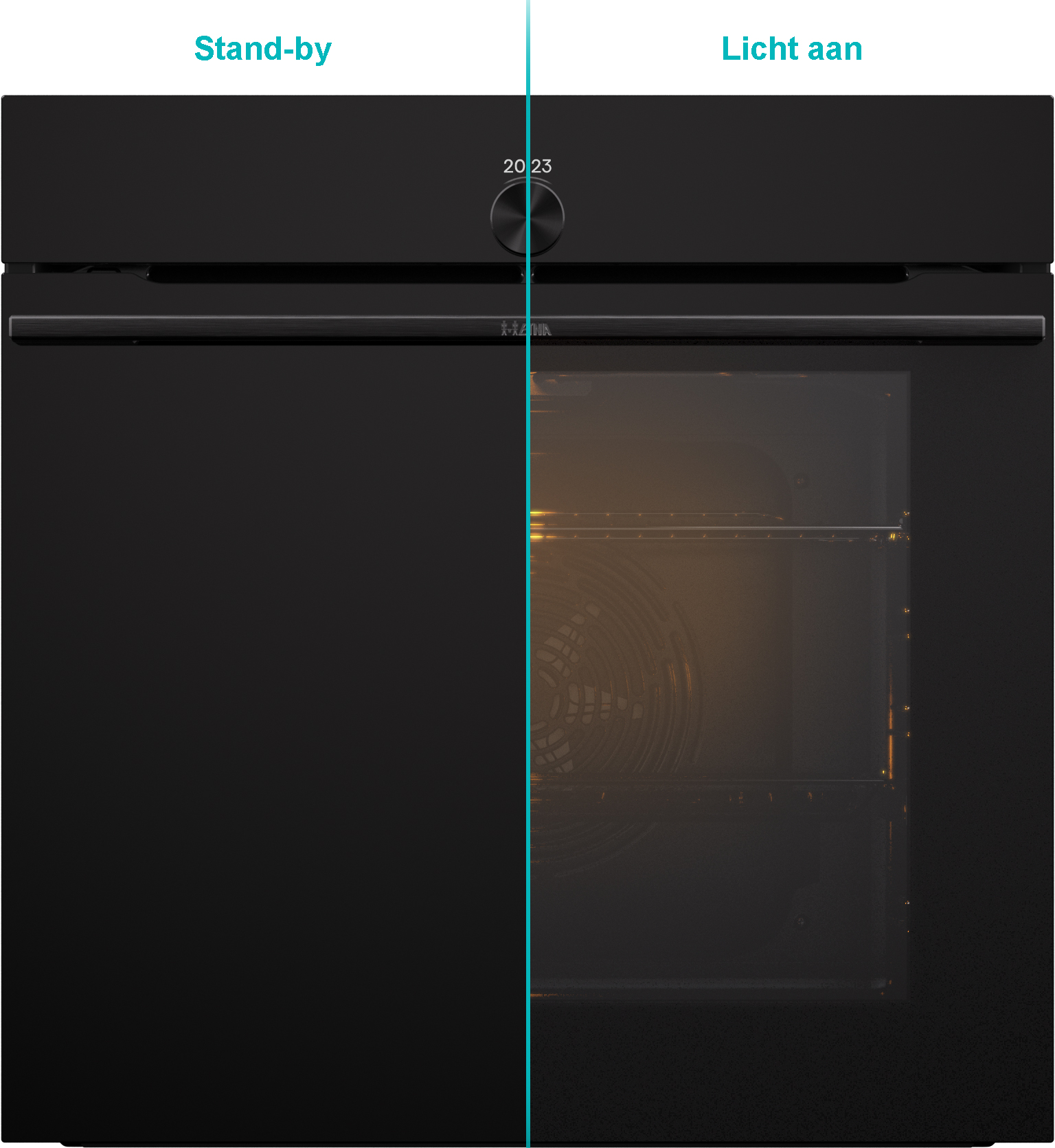 Black oven, with standby and light on options. A circular dial with numbers is visible. The oven's interior has racks and a light.