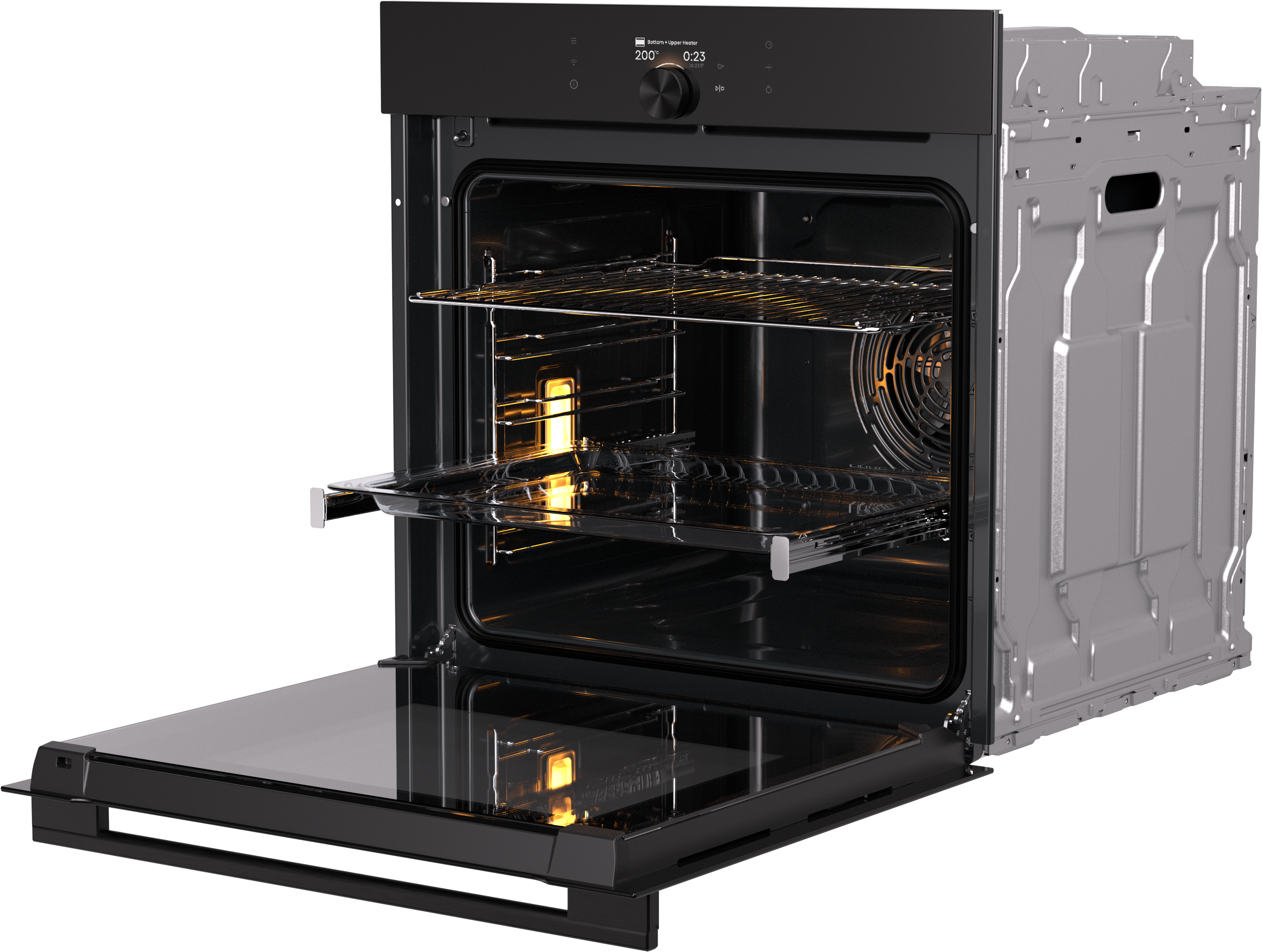 Open black oven, interior lit. Glass door open, showing racks. Control panel on top, timer display.