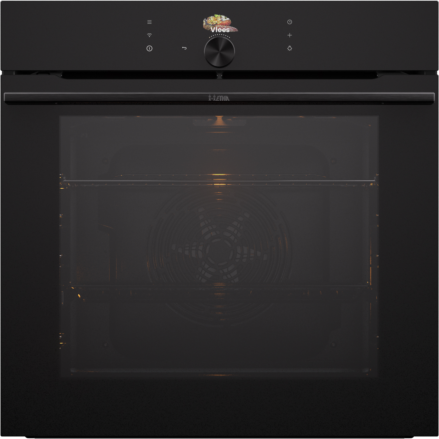 A black oven with a glass door. Inside, there's a fan and shelves. Above, there are control buttons and a dial.