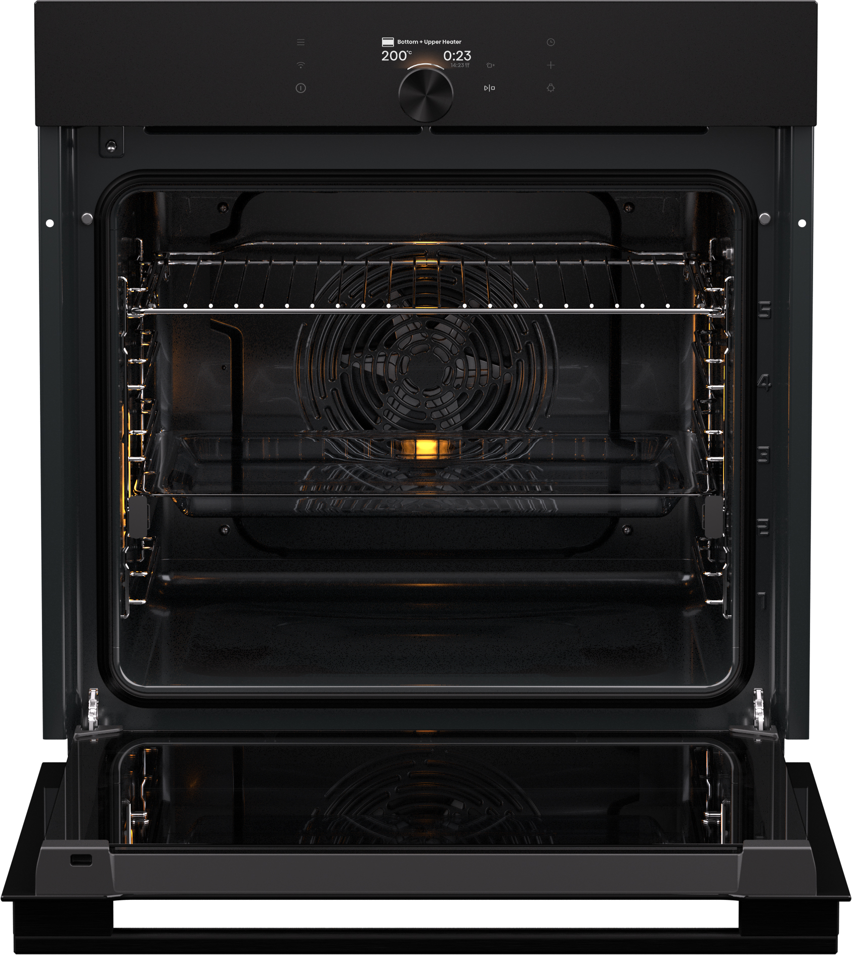 Open black oven, interior lit.  Displays: 200°C, 0:23.  Rack visible.  Door is open.