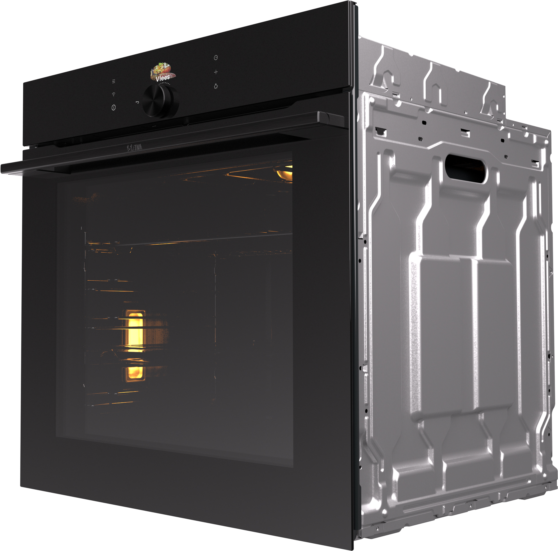 Black oven, door open, with interior light. Stainless steel side. Control panel with knob and icons.