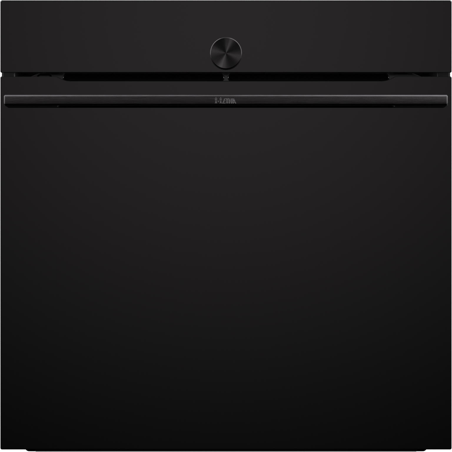 A black oven with a handle and a control knob. The brand name is visible on the handle.
