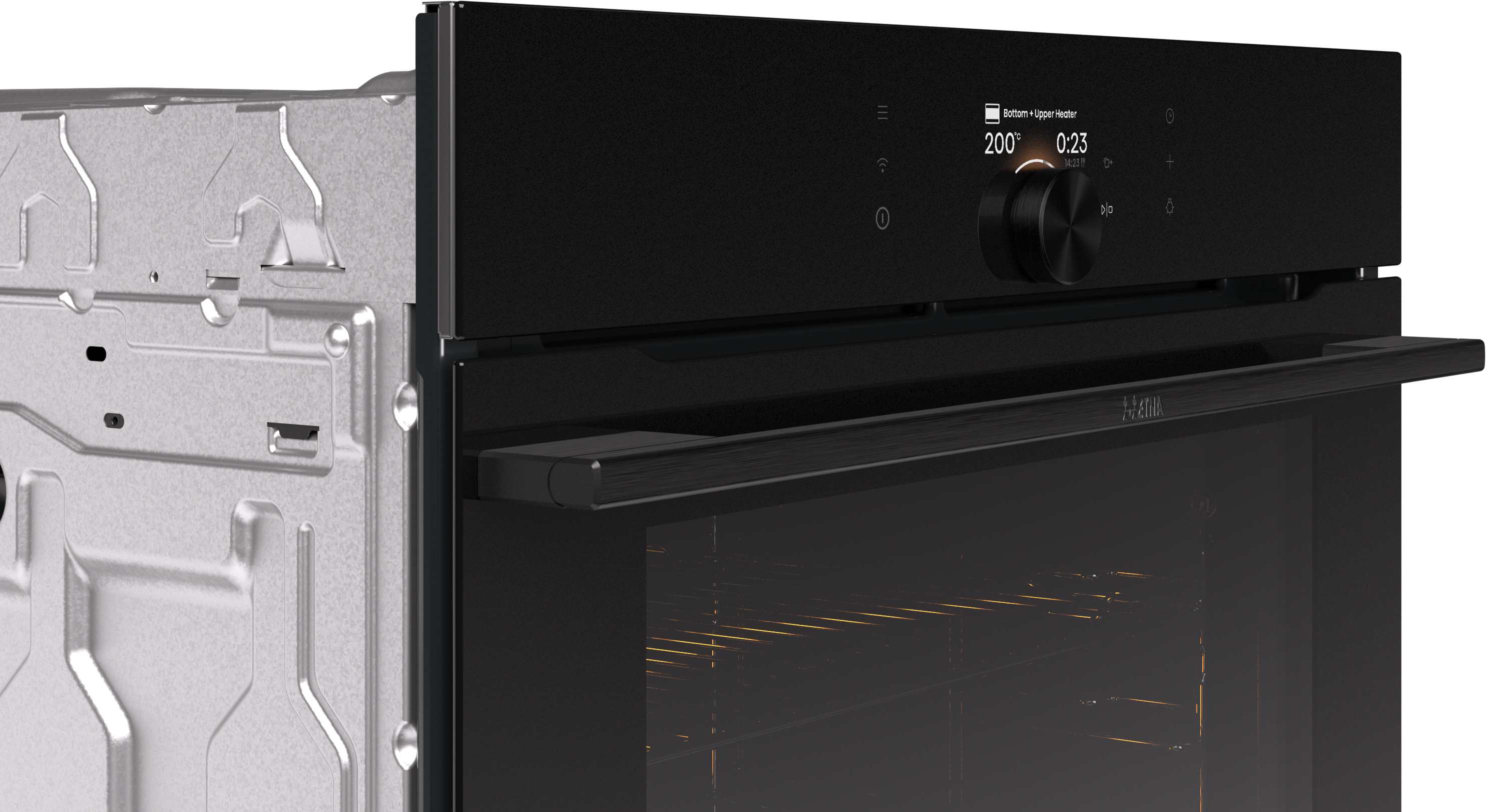 A black oven shows a digital display. The oven door is open. The interior lights are on. The oven has a metallic side.