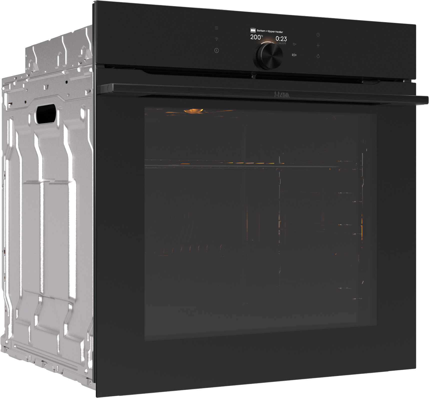 Black oven with digital display. The oven door is closed, showing interior light. Silver metal sides are visible.