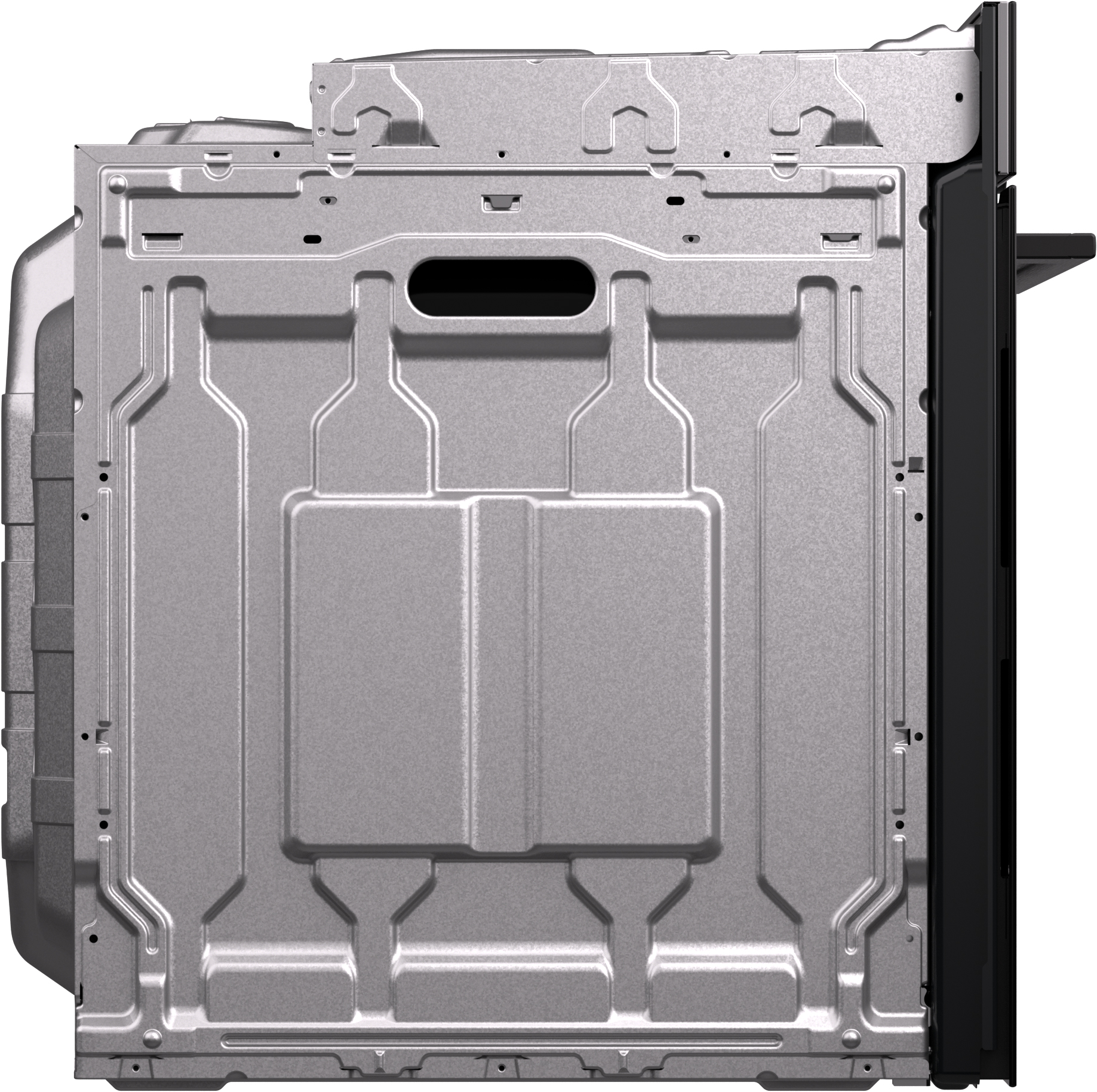 The back of a stainless steel oven. The back panel has an industrial design with a black frame on the right side.