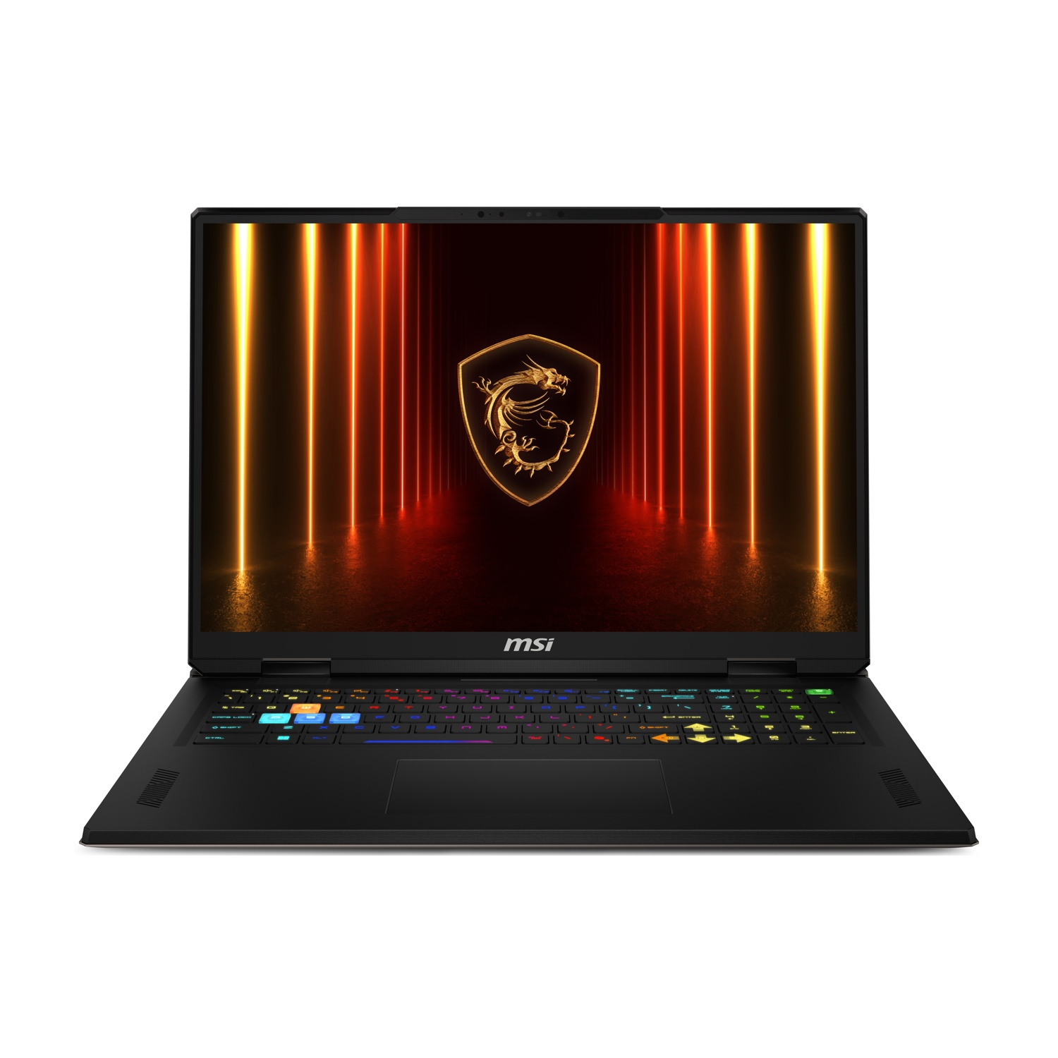 Laptop MSI nero con tastiera illuminata. Lo schermo mostra un logo del drago dorato con effetti di luce arancione e gialla.