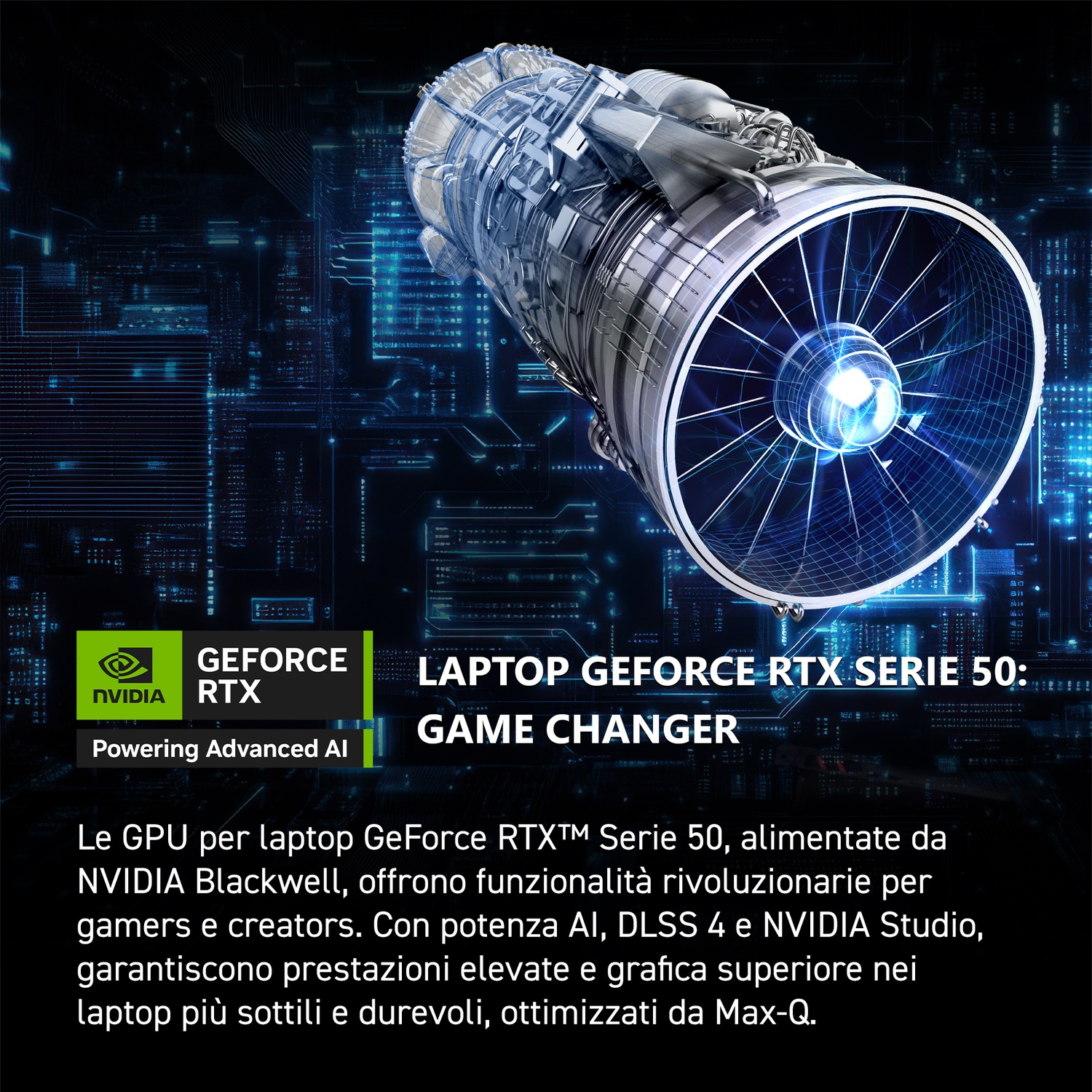Illustrazione futuristica di un motore a reazione su sfondo tecnologico, con marchio NVIDIA e GeForce RTX, per promuovere la grafica dei laptop.