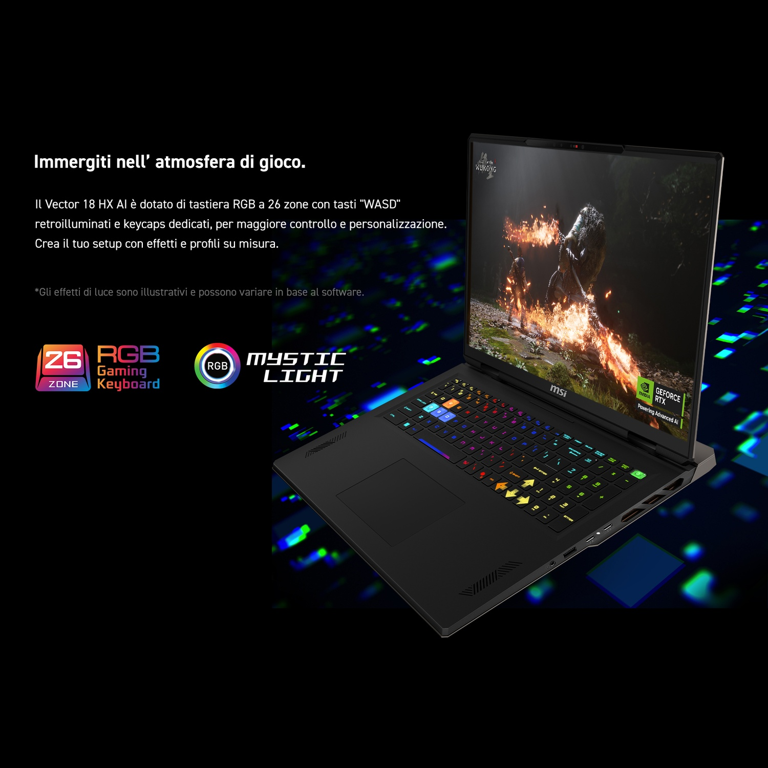 Laptop MSI nero con tastiera RGB, mostra una scena di gioco. Il testo menziona i tasti 'WASD' e 'Mystic Light'.