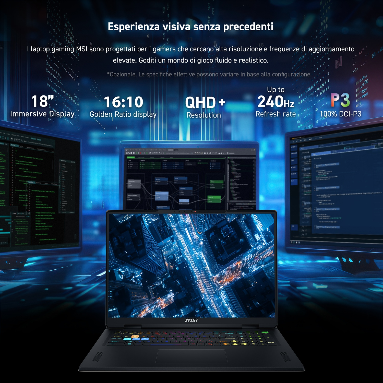 Un laptop con tre schermi che mostrano dati. Il laptop ha una tastiera colorata. Testo sugli schermi e sullo sfondo.