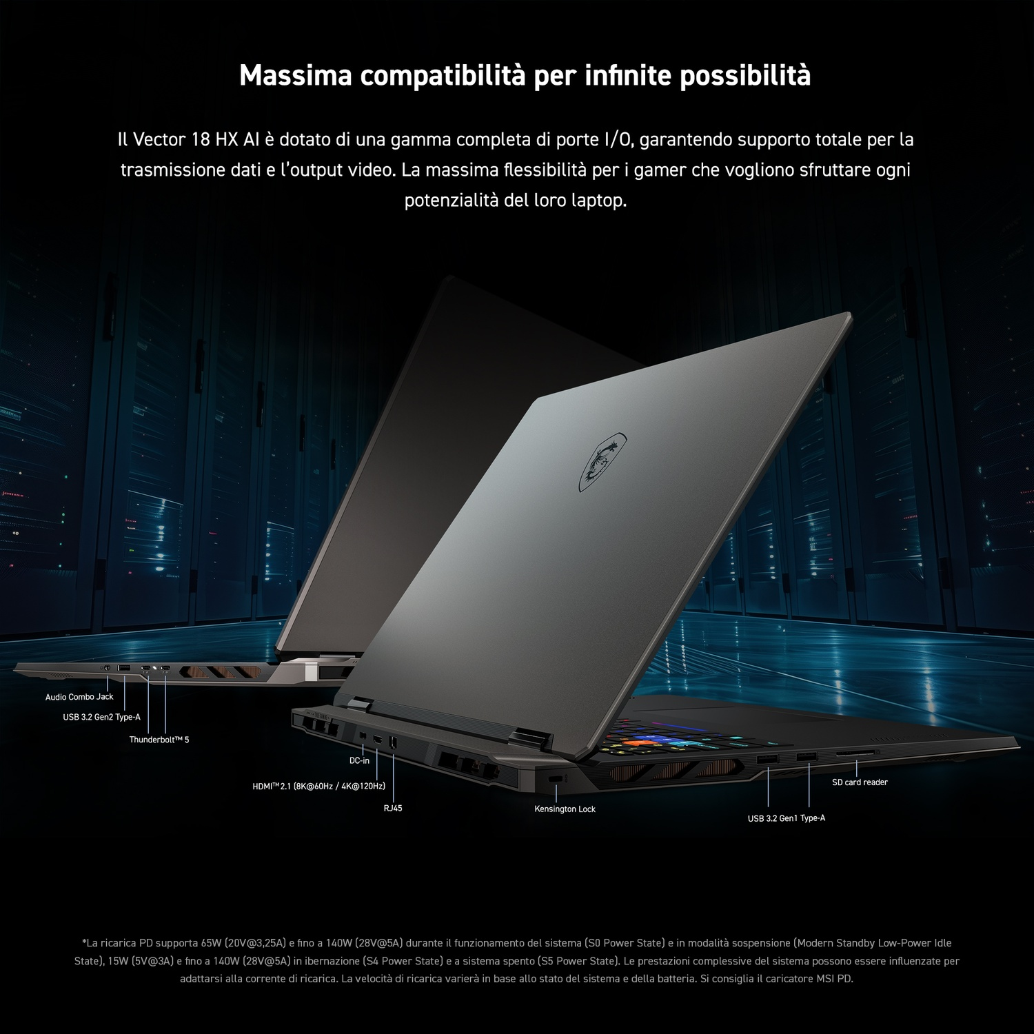 Un laptop con porte etichettate. È aperto, mostrando la tastiera e lo schermo. Lo sfondo è un design scuro a tema computer.