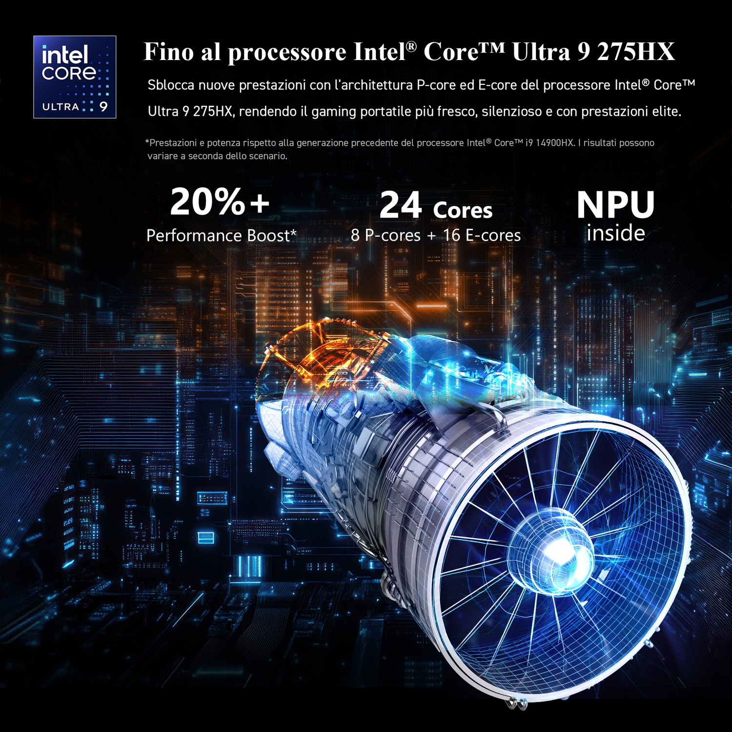 L'immagine presenta una grafica simile a un motore, il marchio Intel Core e dati di prestazioni, tra cui un aumento del 20%+ e 24 core.