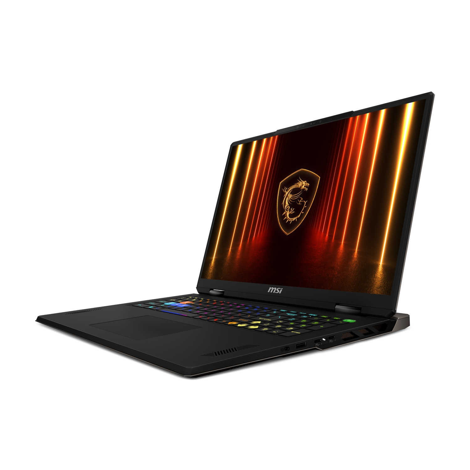 Laptop MSI nero, schermo con logo dorato e linee arancioni. Tastiera con tasti multicolore. Portatile angolato, su sfondo bianco.