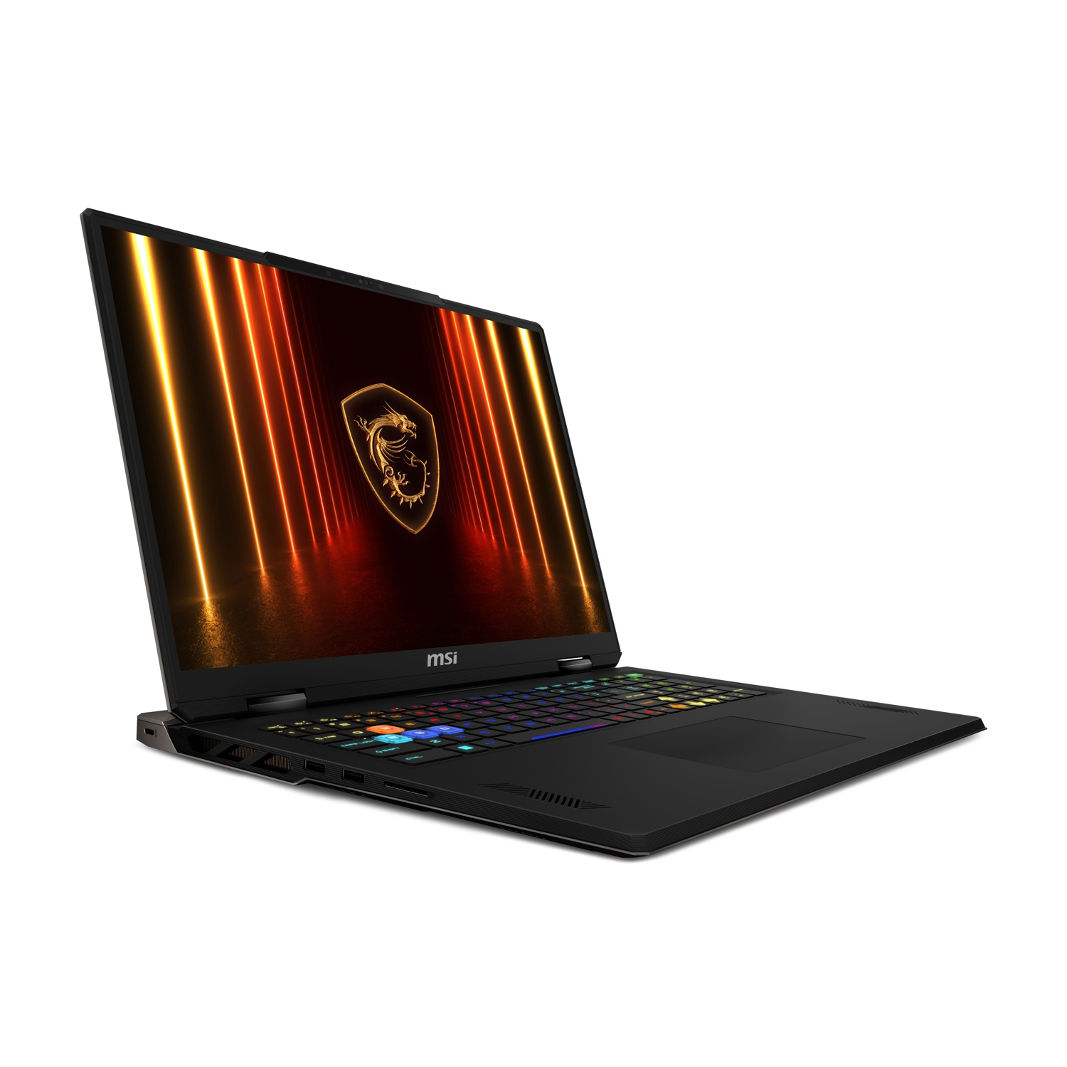 Laptop MSI nero con tastiera illuminata. Lo schermo mostra un logo di drago dorato e striature di luce arancione. Sfondo bianco.