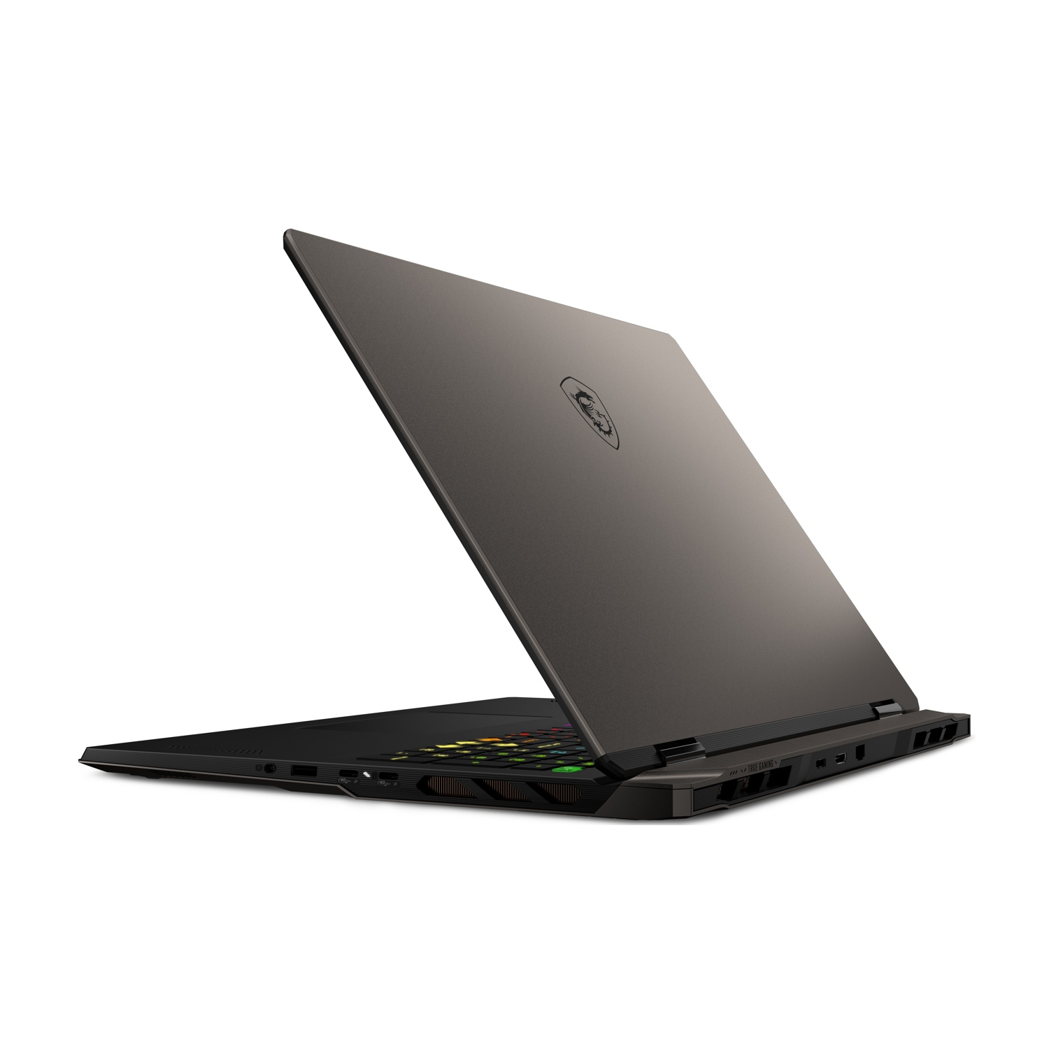 Un laptop grigio scuro è aperto, mostrando la tastiera e lo schermo. Il logo MSI è visibile. Lo sfondo è bianco.