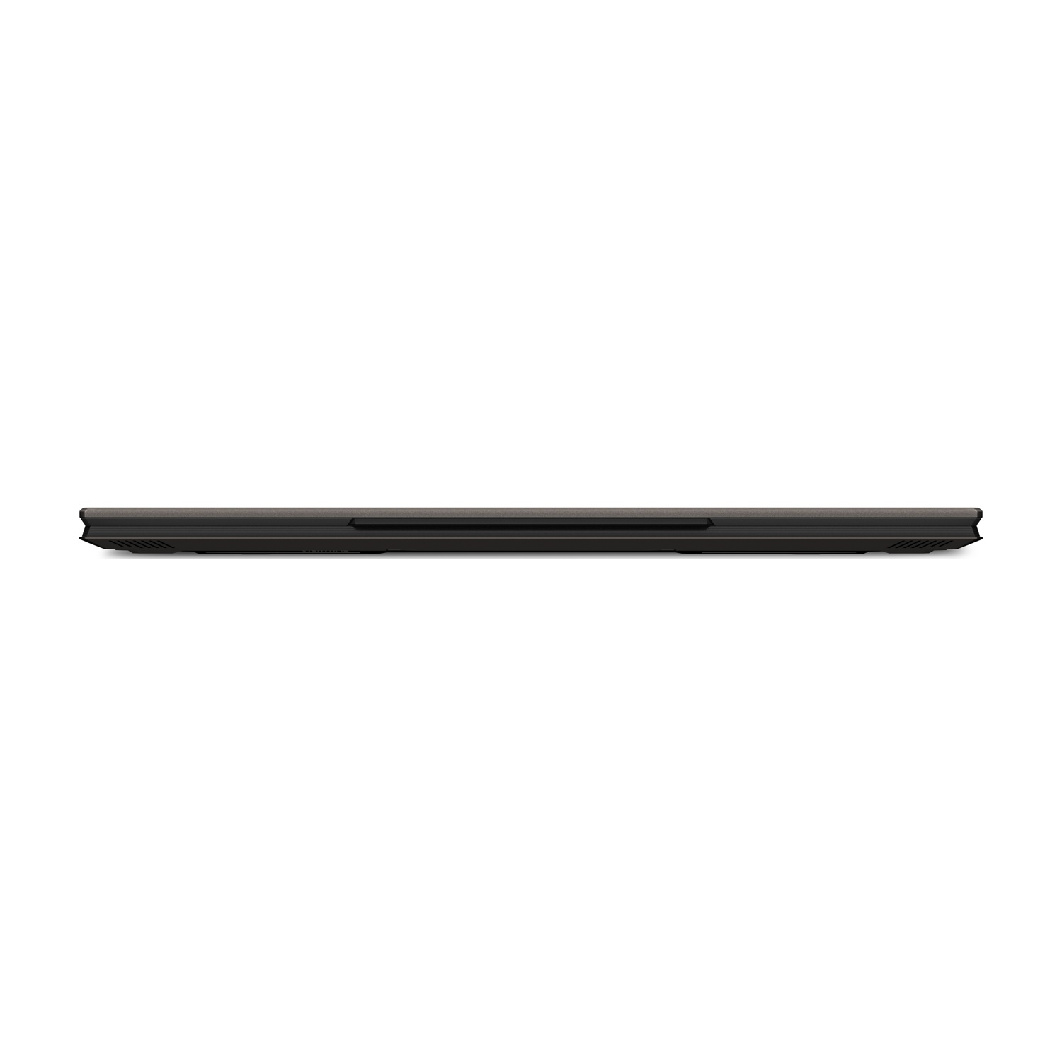 Un laptop nero chiuso, visto di lato, su sfondo bianco. Il profilo del laptop è visibile.
