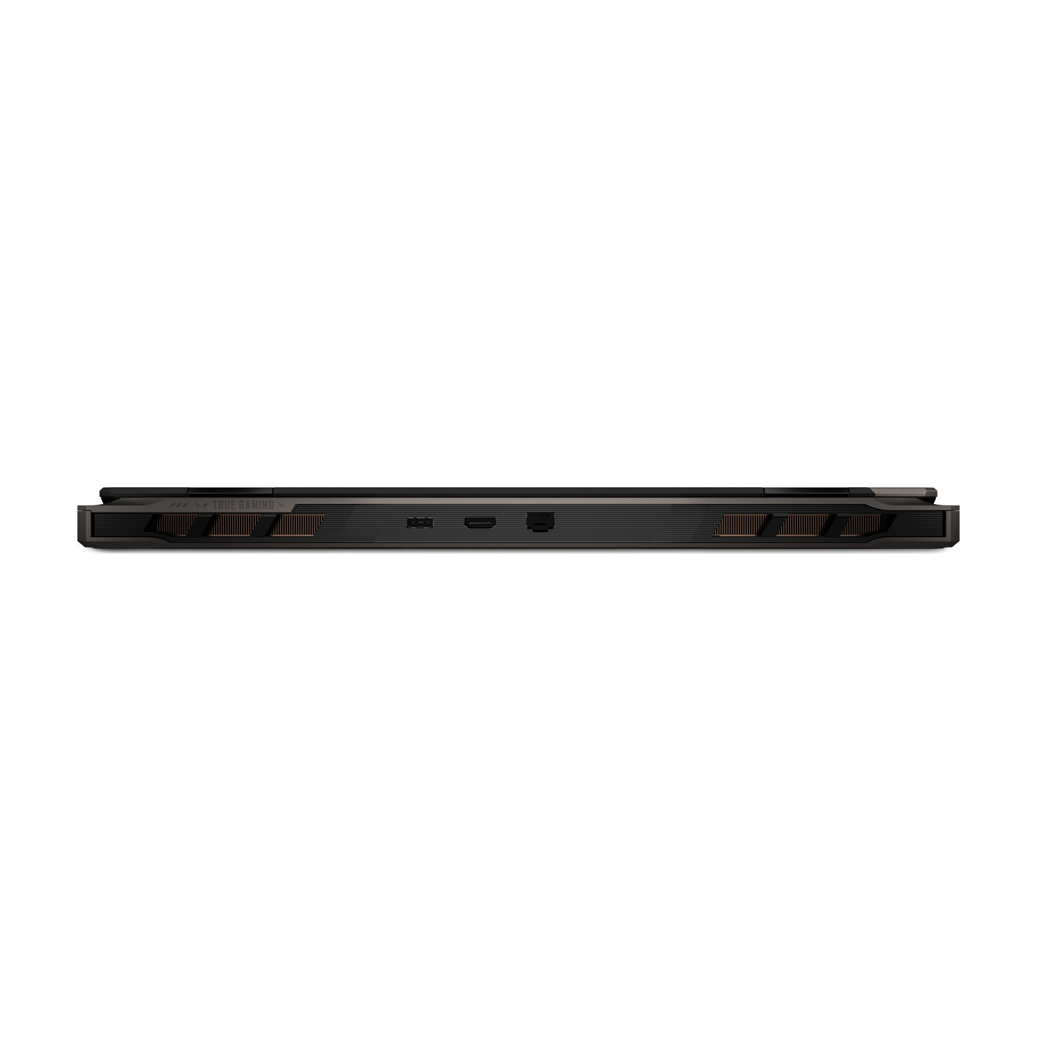 Il bordo inferiore di un laptop nero è mostrato. Sono visibili porte e prese d'aria. Lo sfondo è bianco.