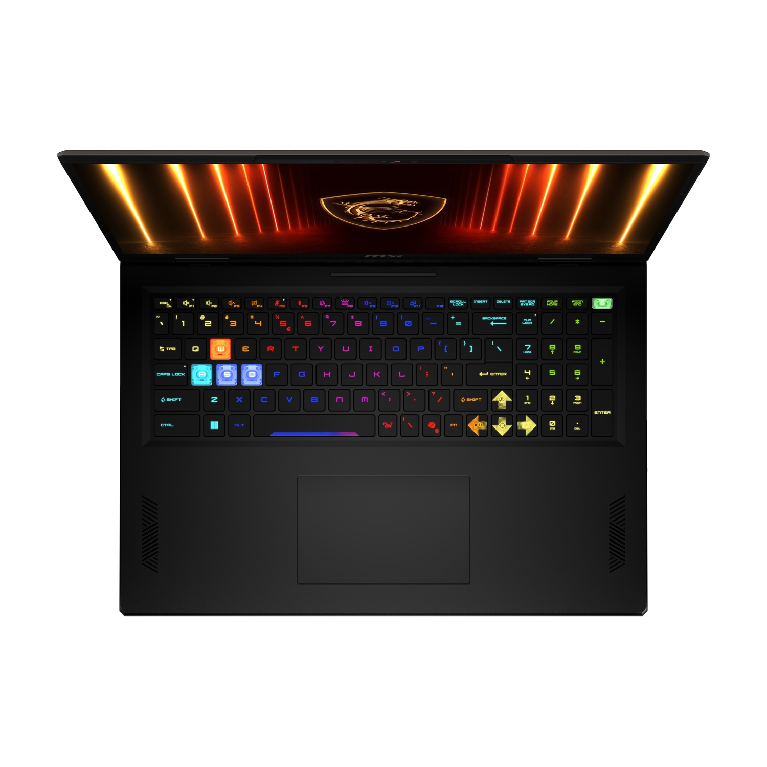Vista dall'alto di un laptop nero aperto. La tastiera è illuminata con tasti colorati. Lo schermo mostra luci arancioni e gialle.